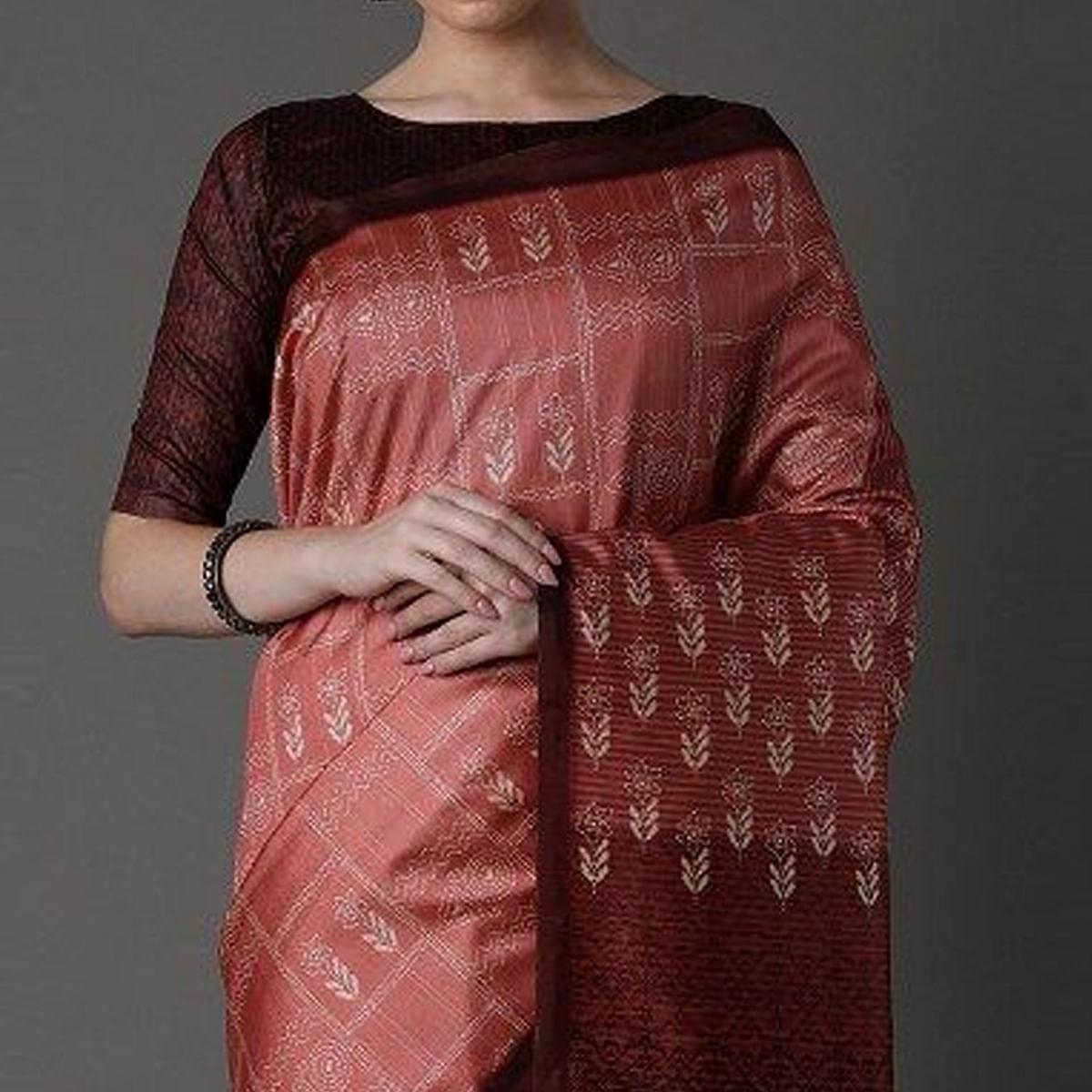 Peach Party Wear Satin Printed Saree With Unstitched Blouse - Peachmode