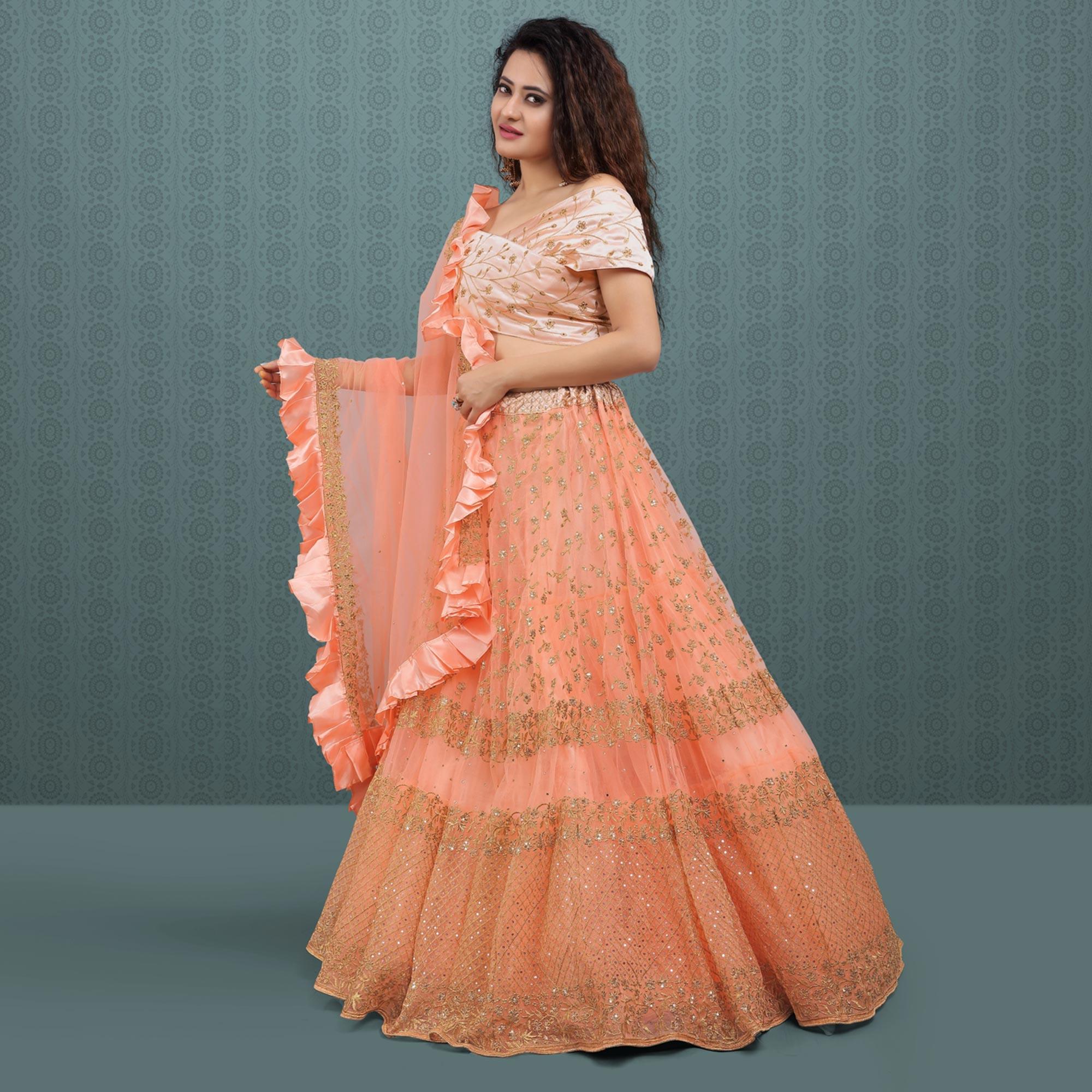 Peach Party Wear Sequence Embroidered Net Lehenga Choli - Peachmode