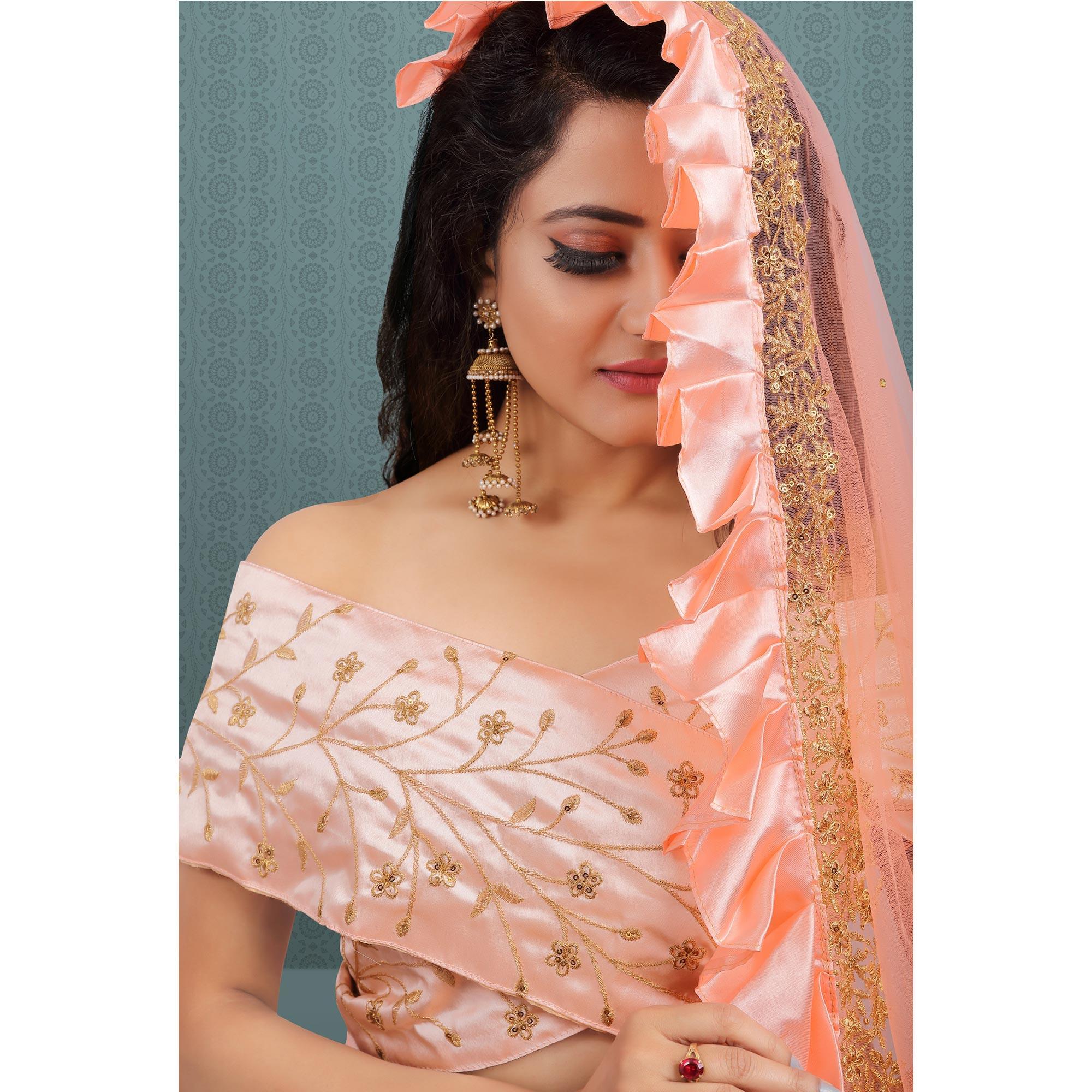 Peach Party Wear Sequence Embroidered Net Lehenga Choli - Peachmode