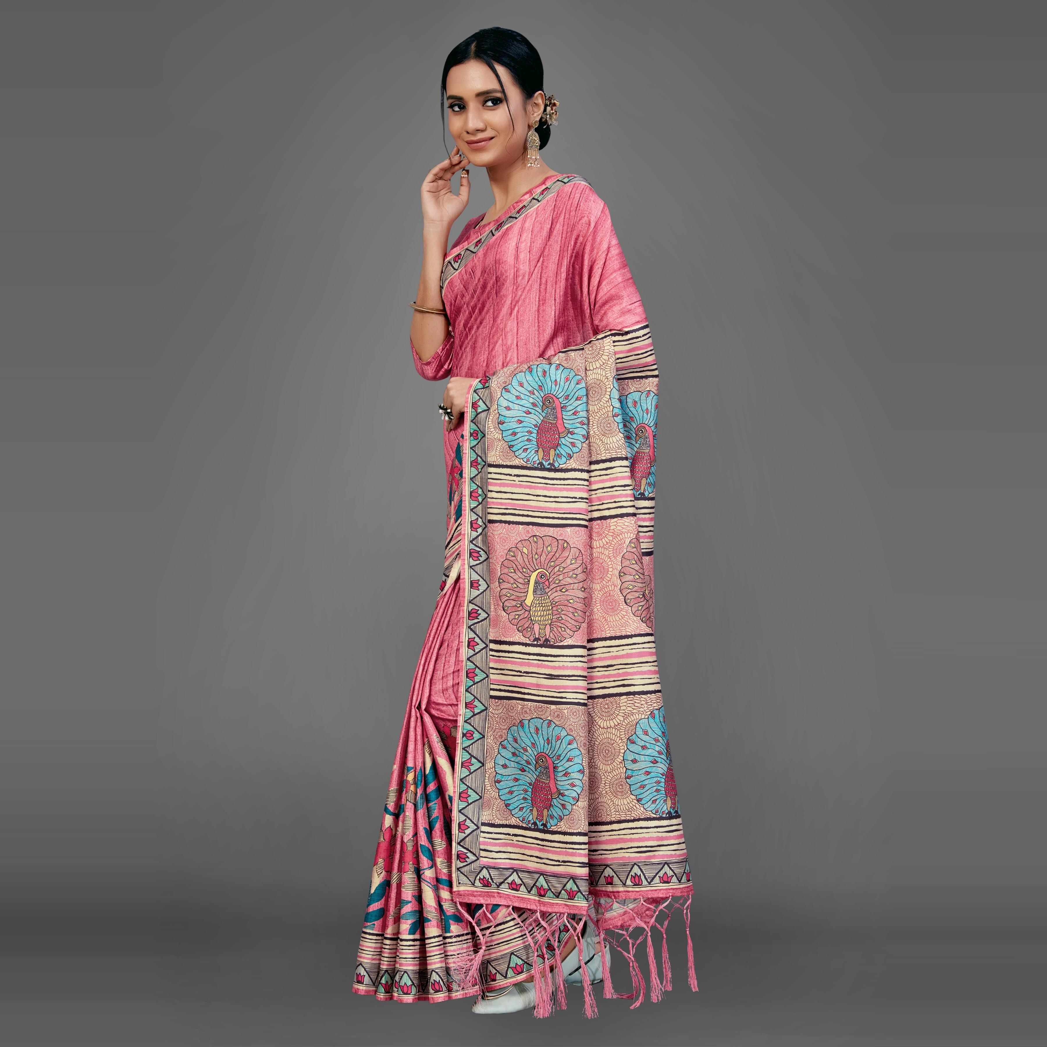 Peach Party Wear Silk Blend Floral-Animal Print Saree With Unstitched Blouse - Peachmode