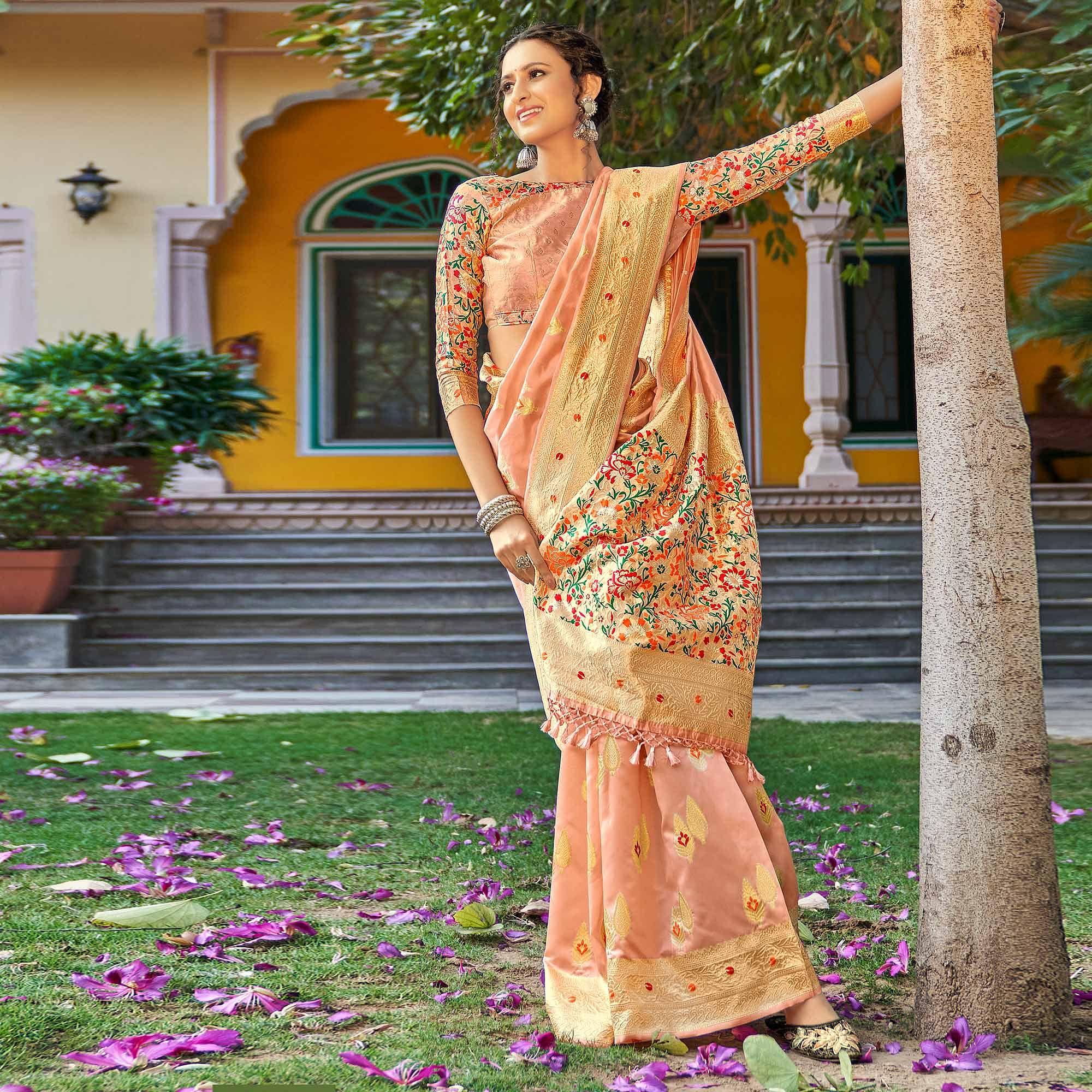 Peach Partywear Banarasi Woven Silk Saree with Kashmiri Pallu - Peachmode