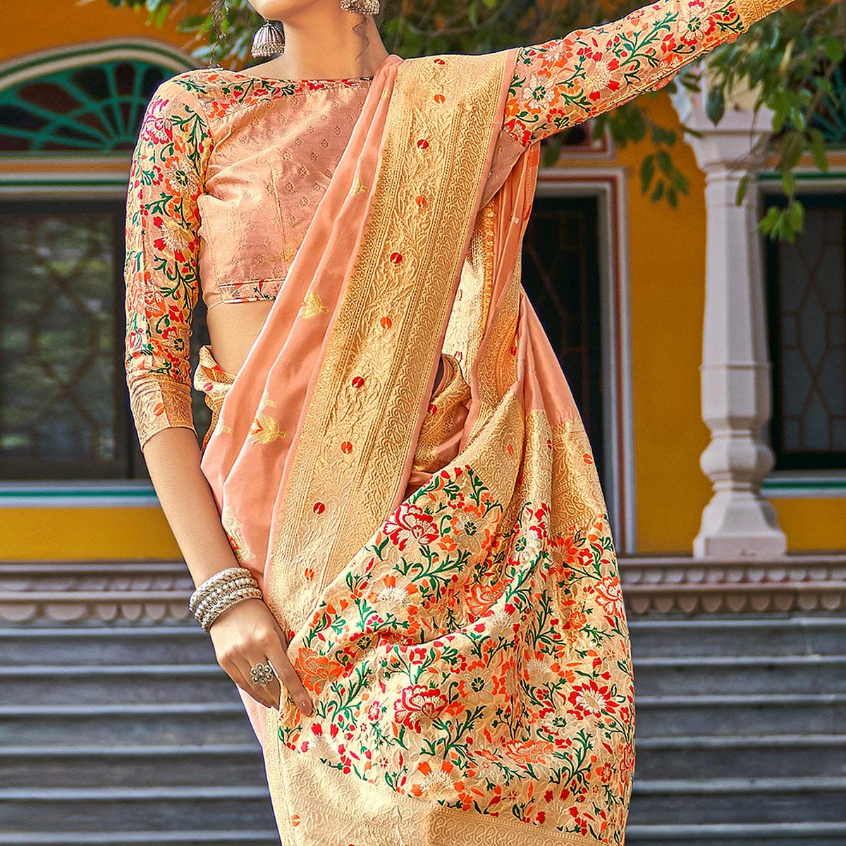 Peach Partywear Banarasi Woven Silk Saree with Kashmiri Pallu - Peachmode