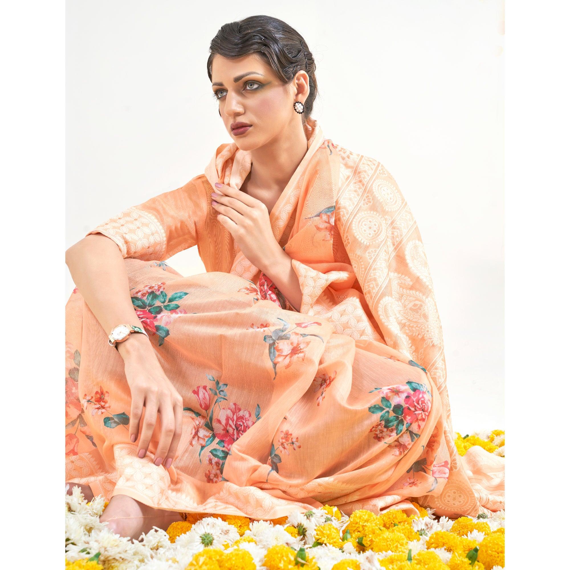 Peach Partywear Digital Printed Chanderi Saree - Peachmode