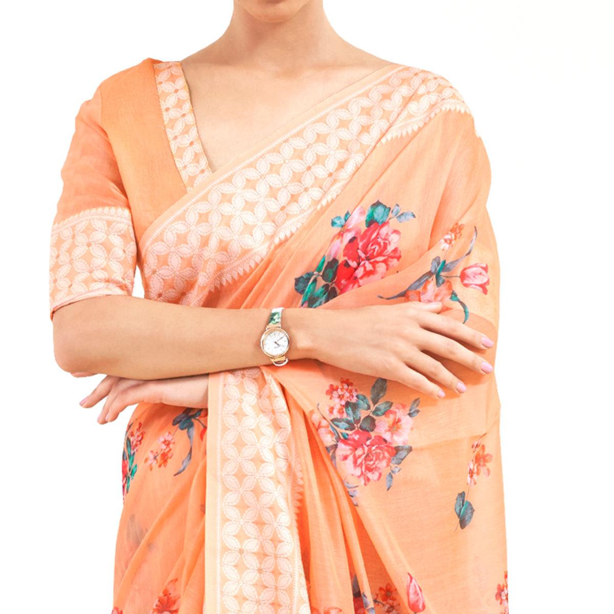 Peach Partywear Digital Printed Chanderi Saree - Peachmode