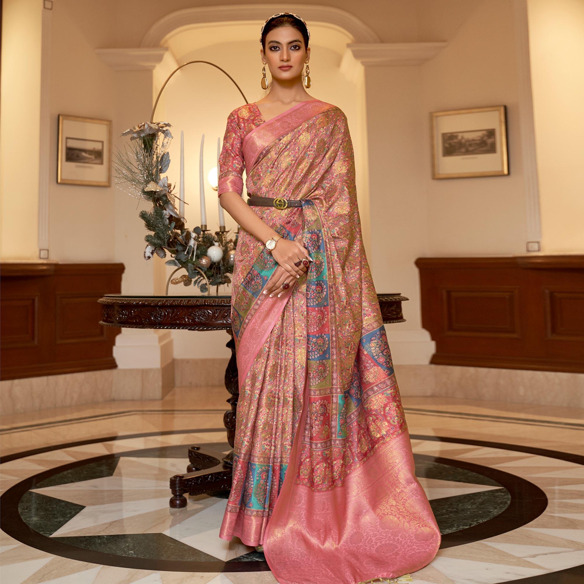 Peach Partywear Digital Printed Silk Saree - Peachmode