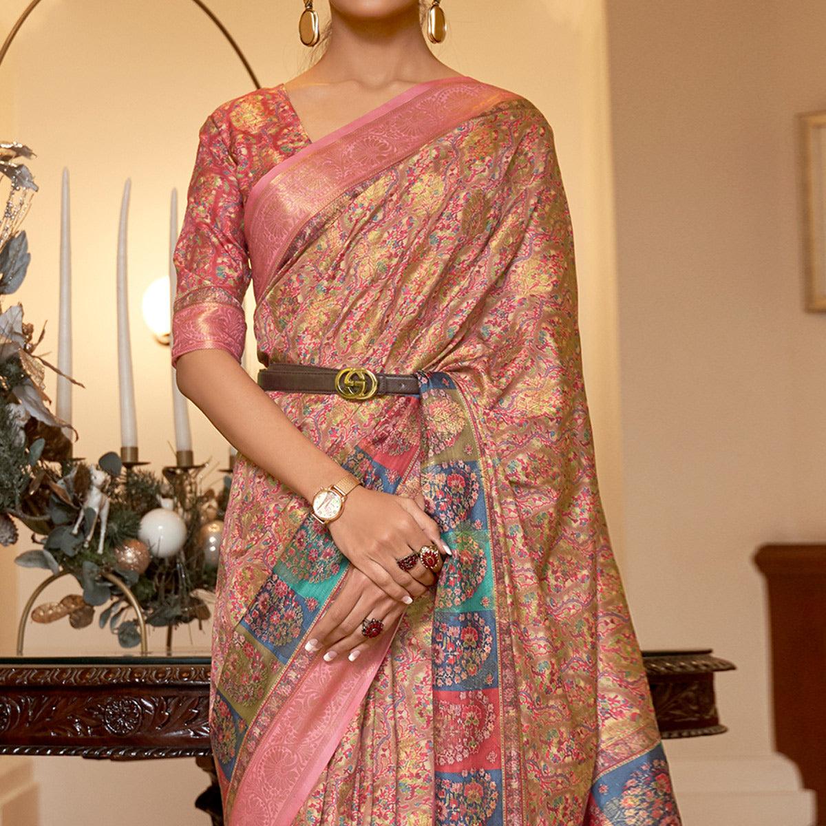 Peach Partywear Digital Printed Silk Saree - Peachmode