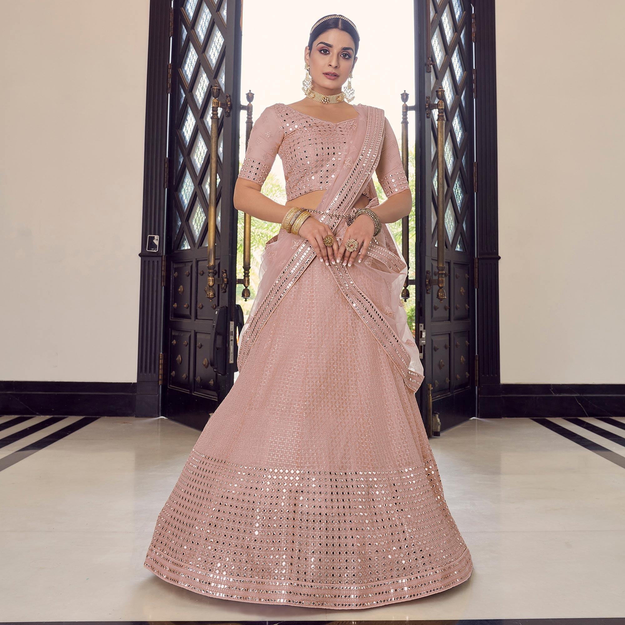 Peach Partywear Embellished Georgette Lehenga Choli - Peachmode