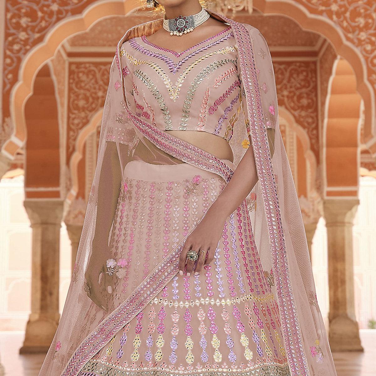 Peach Partywear Embellished Organza Lehenga Choli - Peachmode