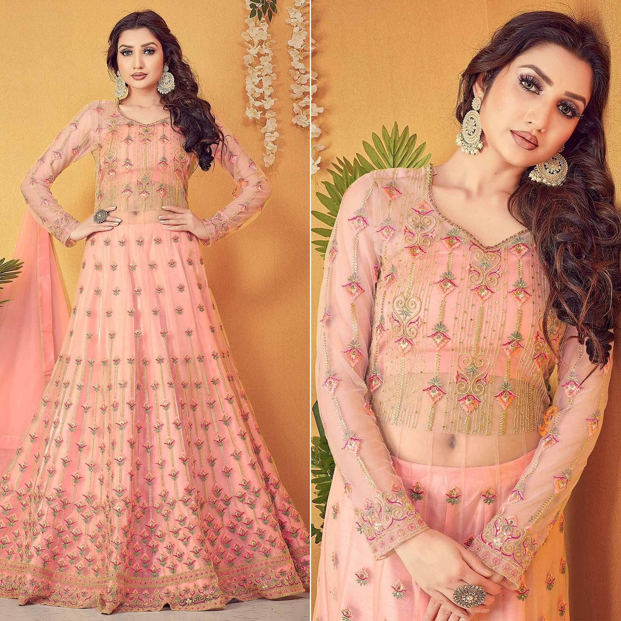 Peach Partywear Embroidered & Swarovski Soft Net Gown - Peachmode