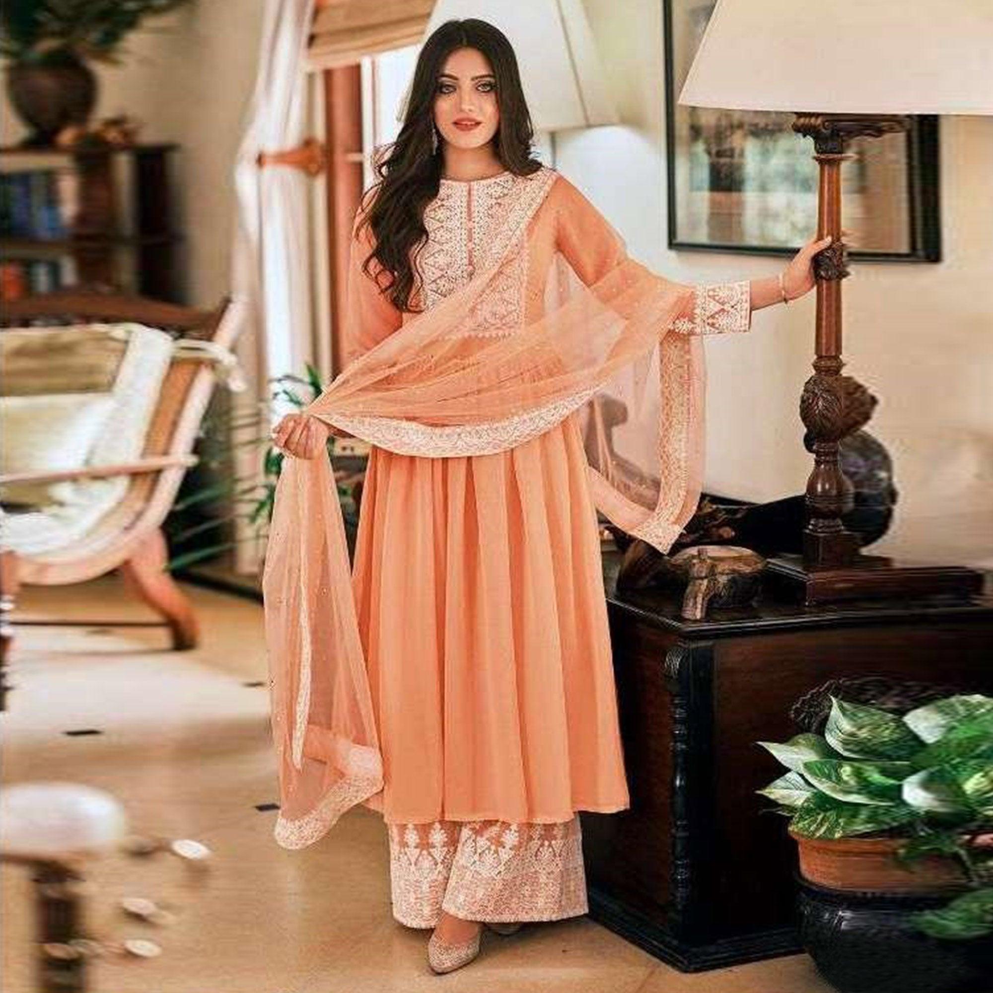 Peach Partywear Embroidered Faux Georgette Palazzo Suit - Peachmode