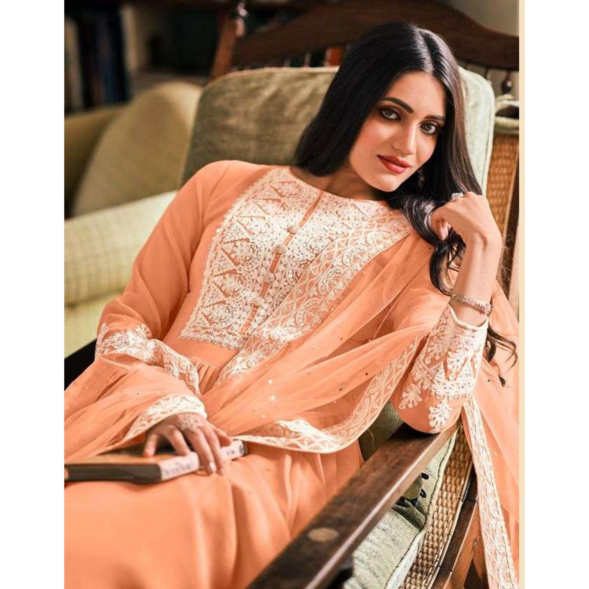 Peach Partywear Embroidered Faux Georgette Palazzo Suit - Peachmode
