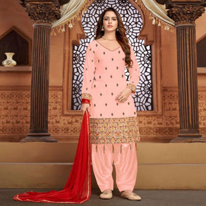 Peach Partywear Embroidered Faux Georgette Patiala Suit - Peachmode