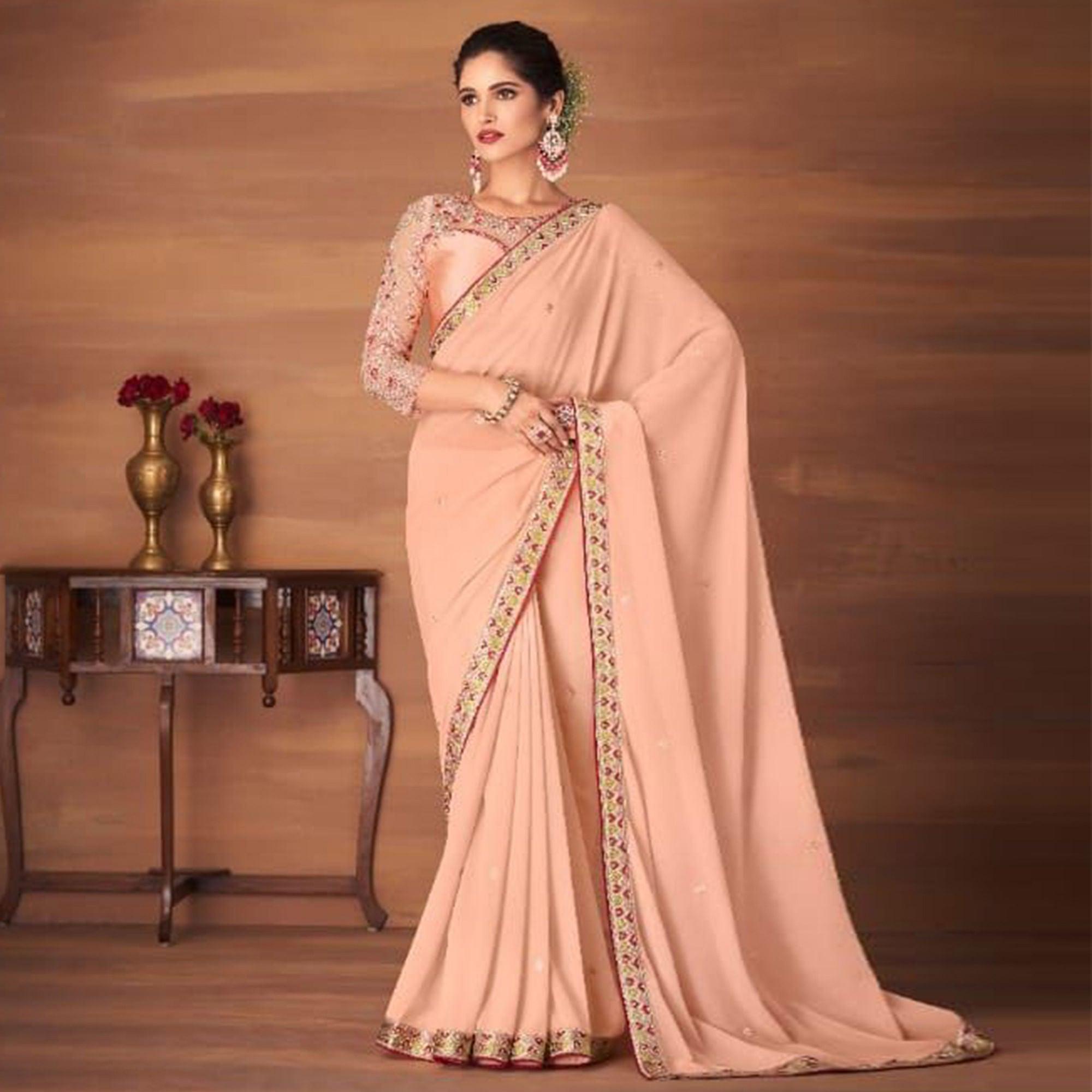 Peach Partywear Embroidered Georgette Saree - Peachmode