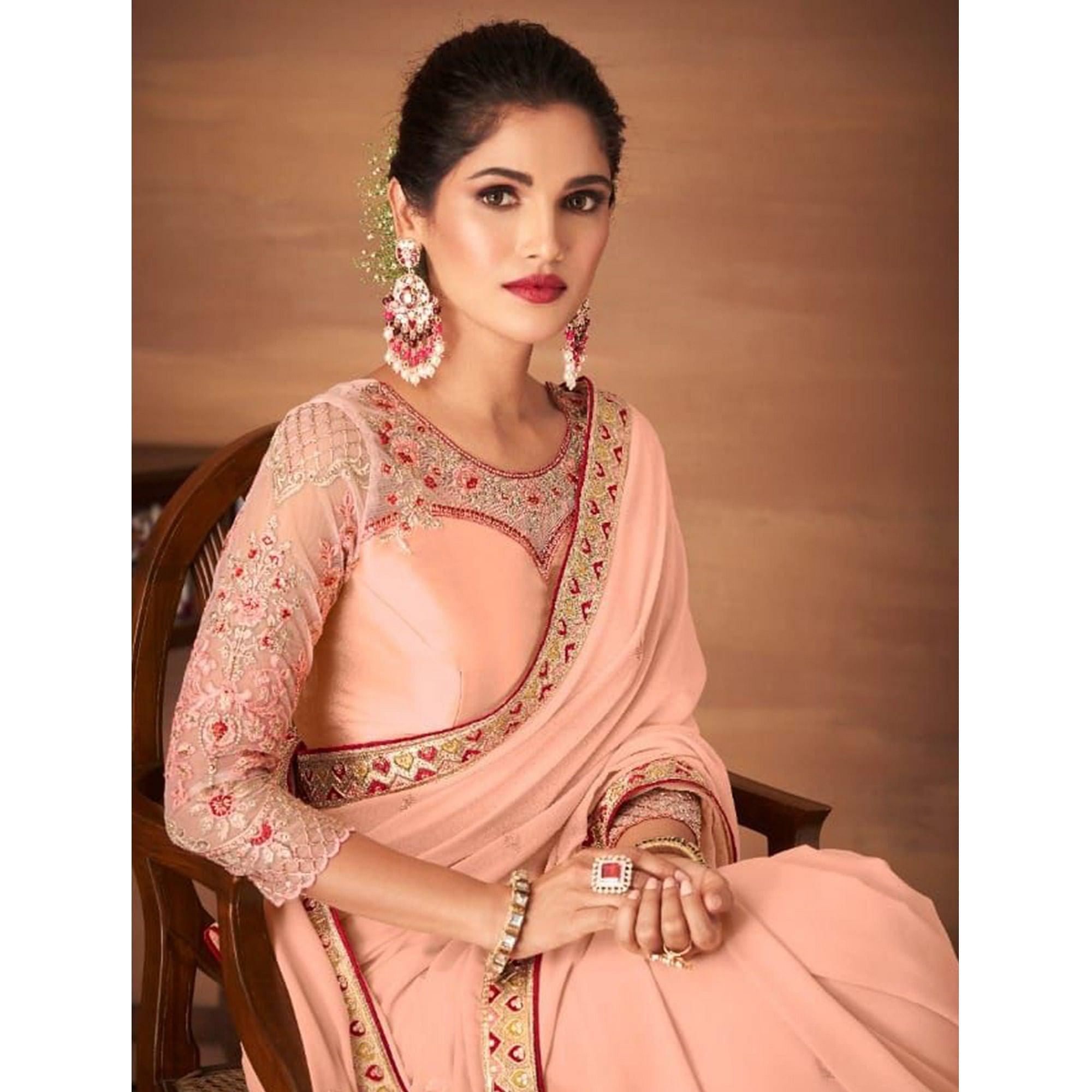 Peach Partywear Embroidered Georgette Saree - Peachmode