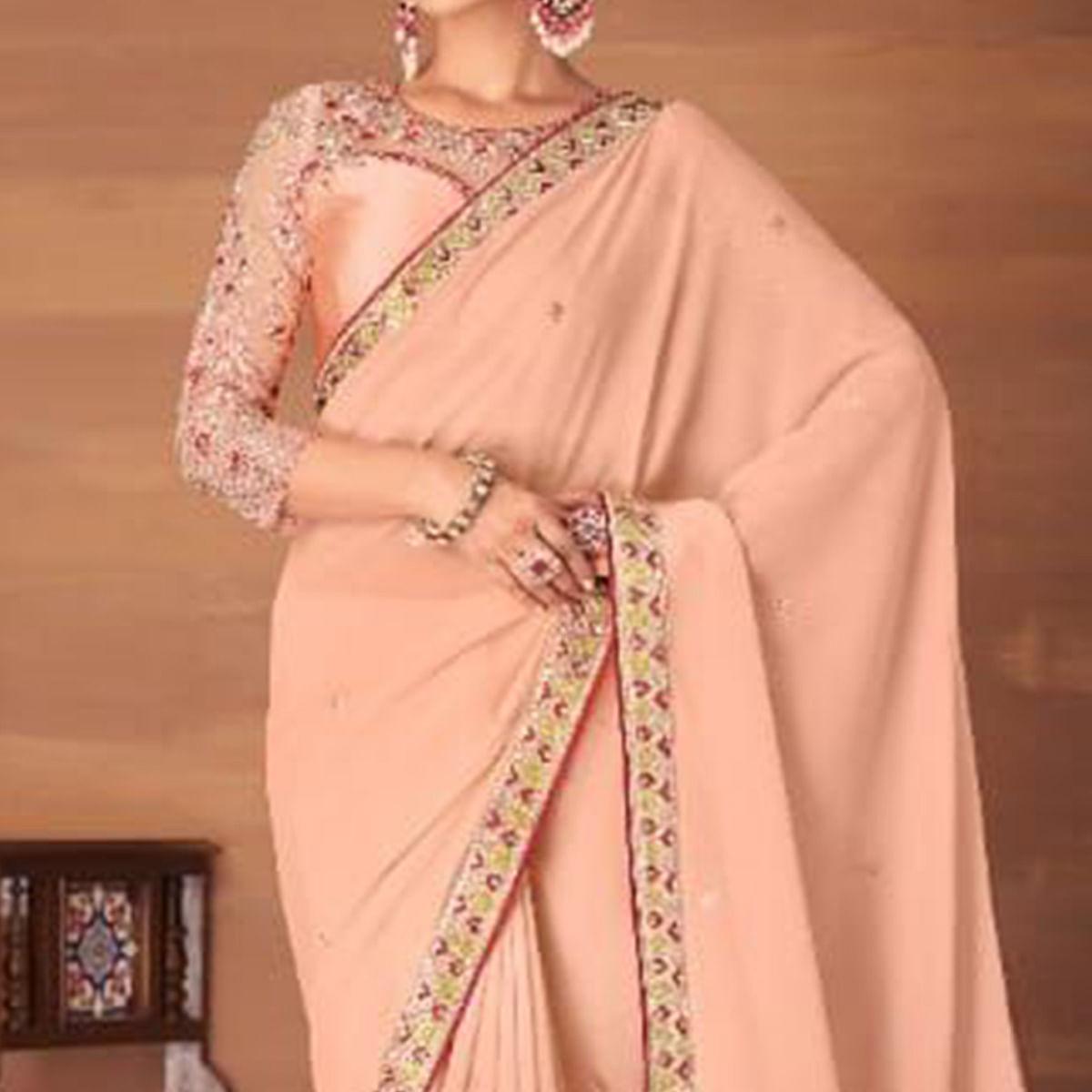 Peach Partywear Embroidered Georgette Saree - Peachmode