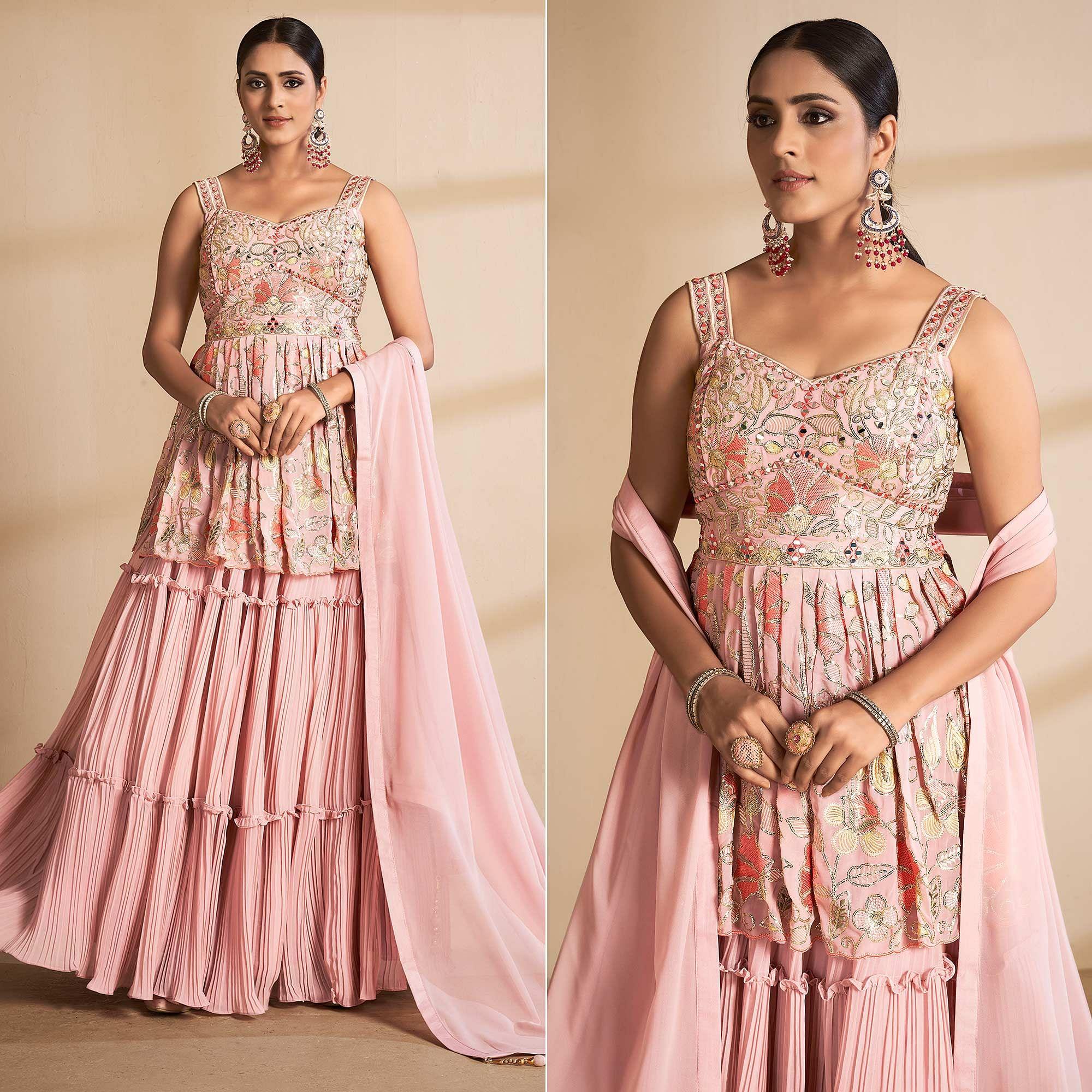 Peach Partywear Embroidered Georgette Sharara Suit - Peachmode