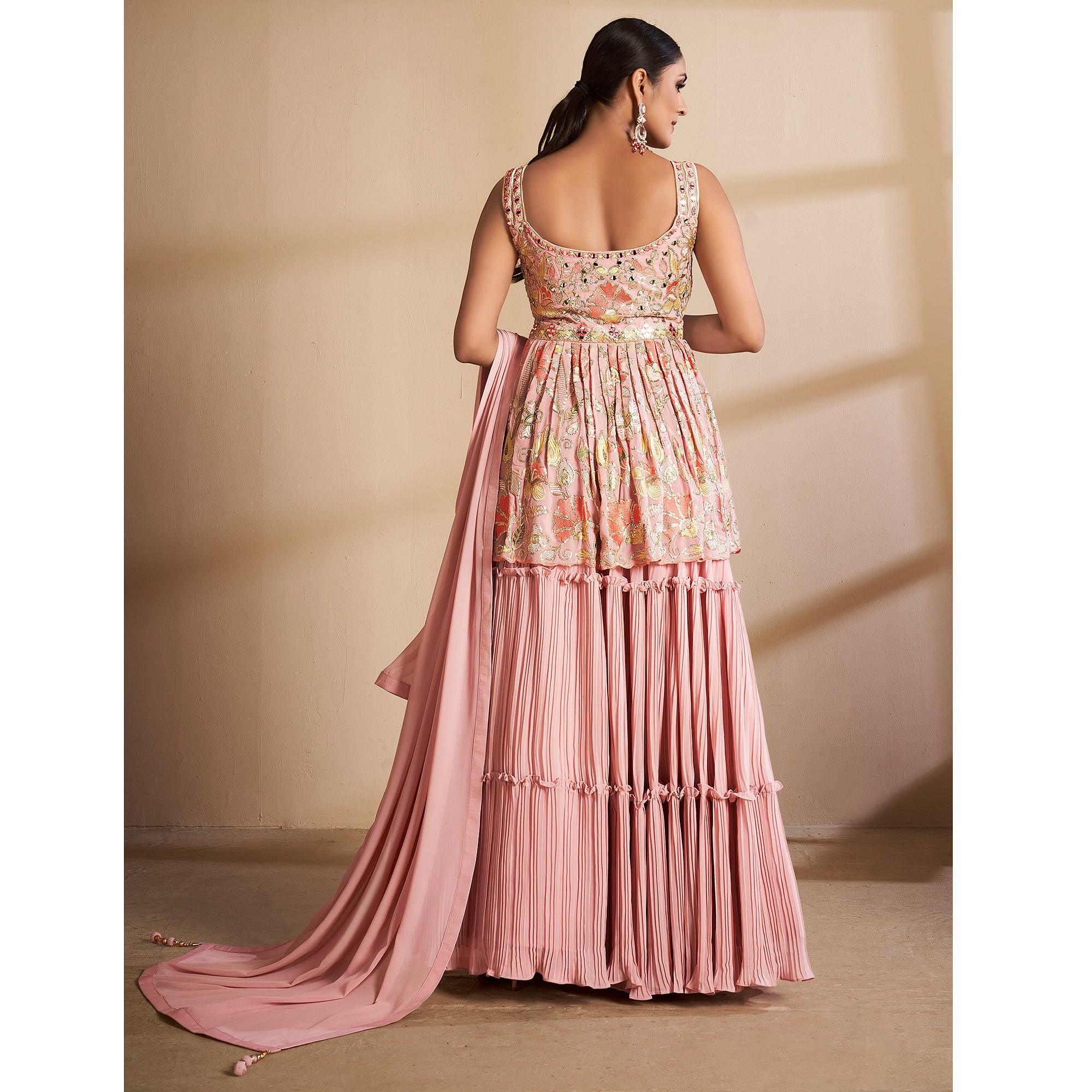 Peach Partywear Embroidered Georgette Sharara Suit - Peachmode