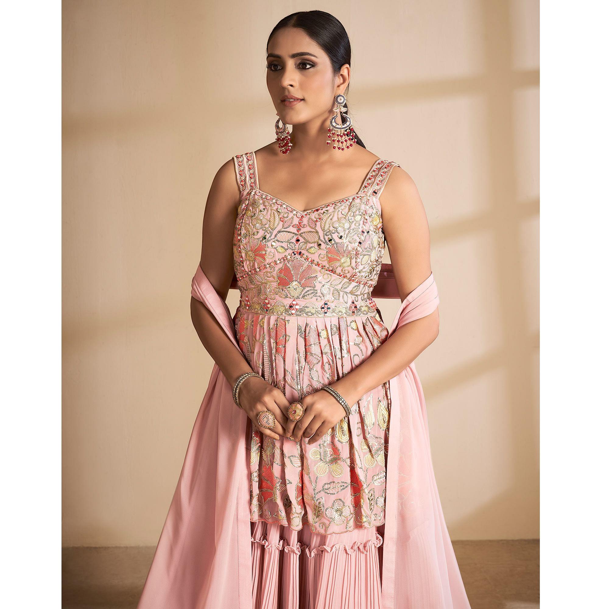 Peach Partywear Embroidered Georgette Sharara Suit - Peachmode
