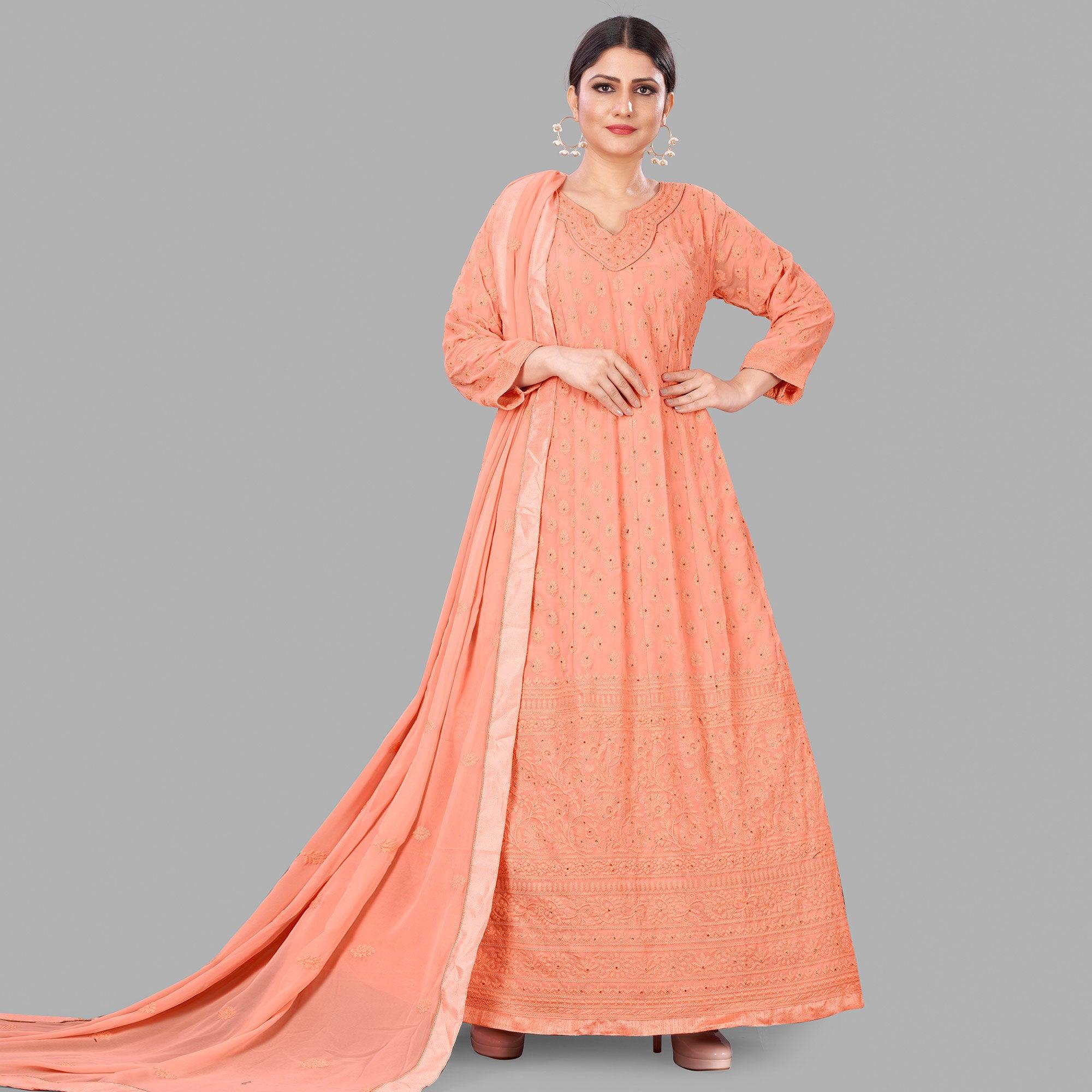 Peach Partywear Embroidered Heavy Faux Georgette A line Anarkali suit - Peachmode