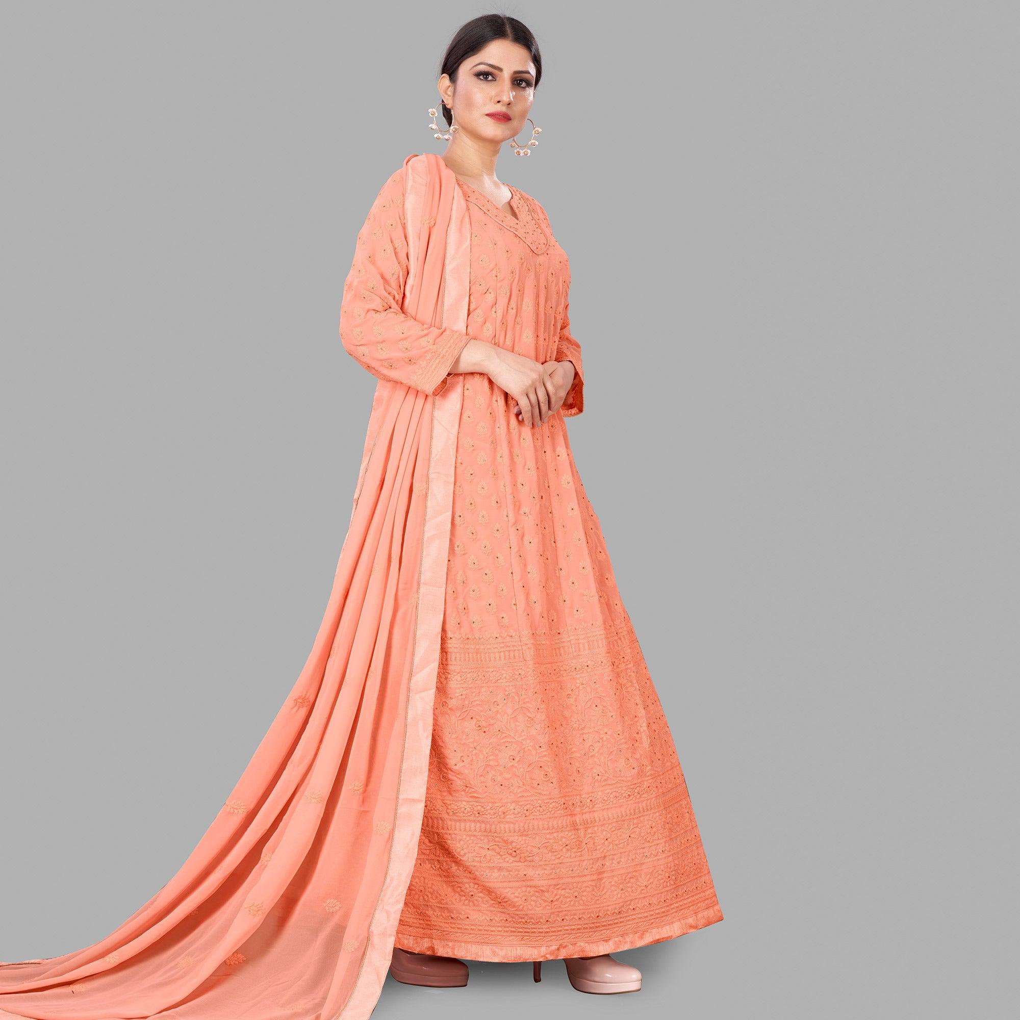 Peach Partywear Embroidered Heavy Faux Georgette A line Anarkali suit - Peachmode