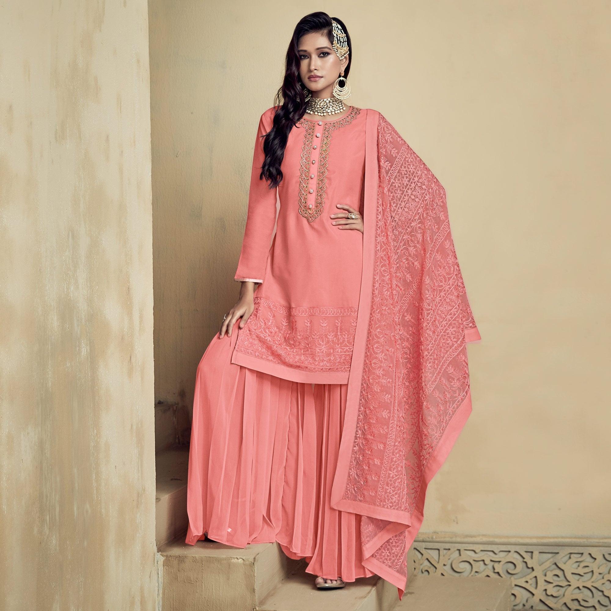 Peach Partywear Embroidered Heavy Georgette Sharara Suit - Peachmode