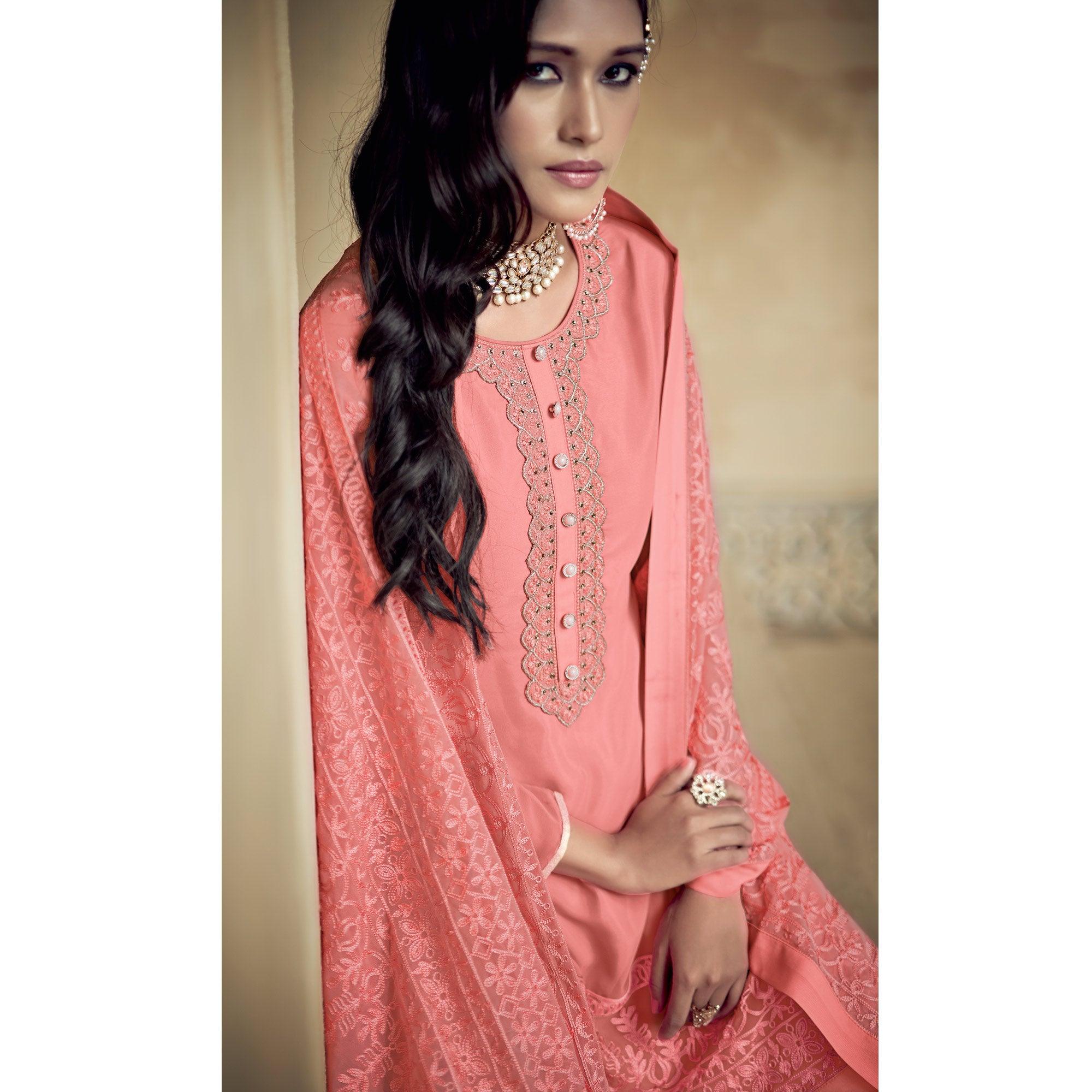 Peach Partywear Embroidered Heavy Georgette Sharara Suit - Peachmode
