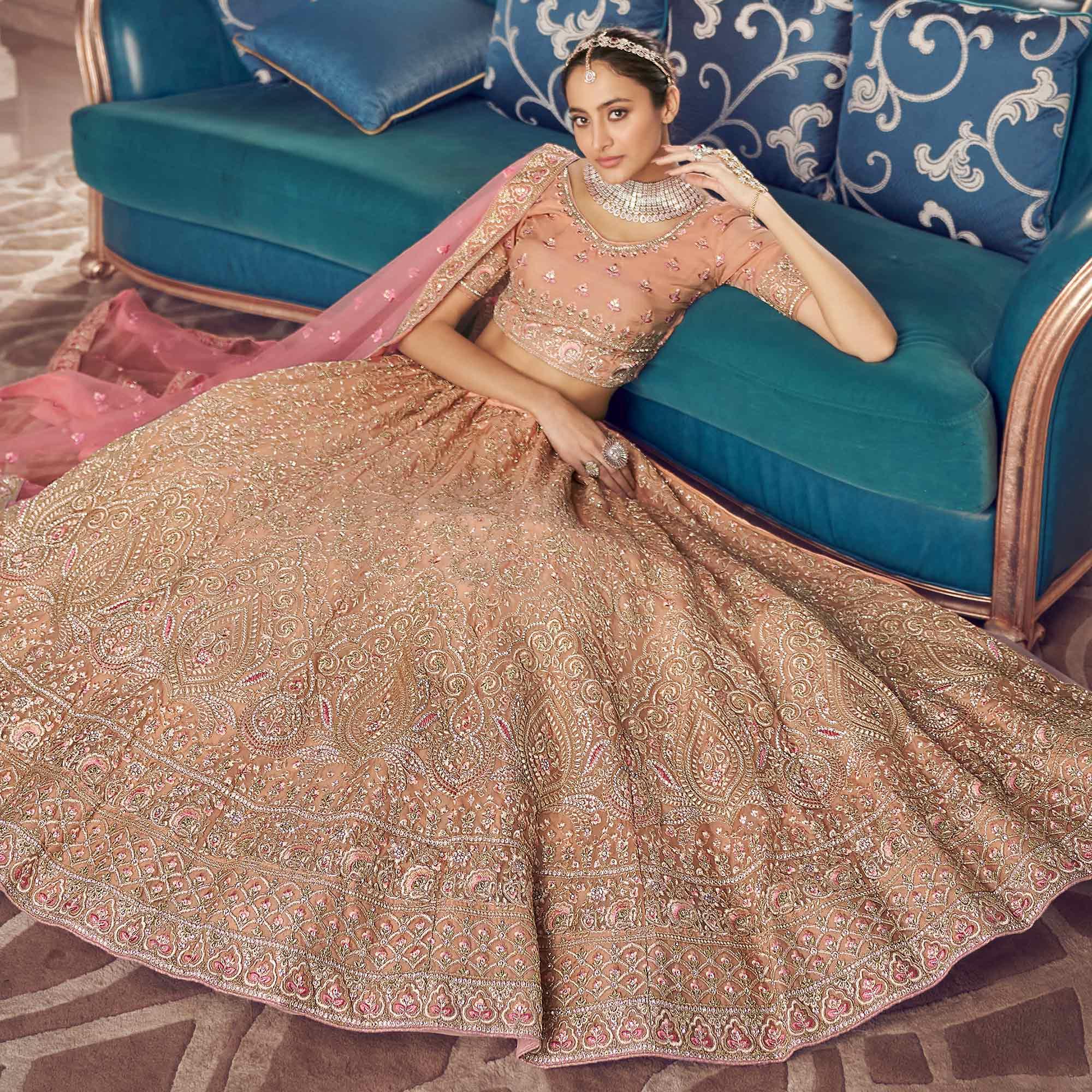 Peach Partywear Embroidered Organza Lehenga Choli - Peachmode