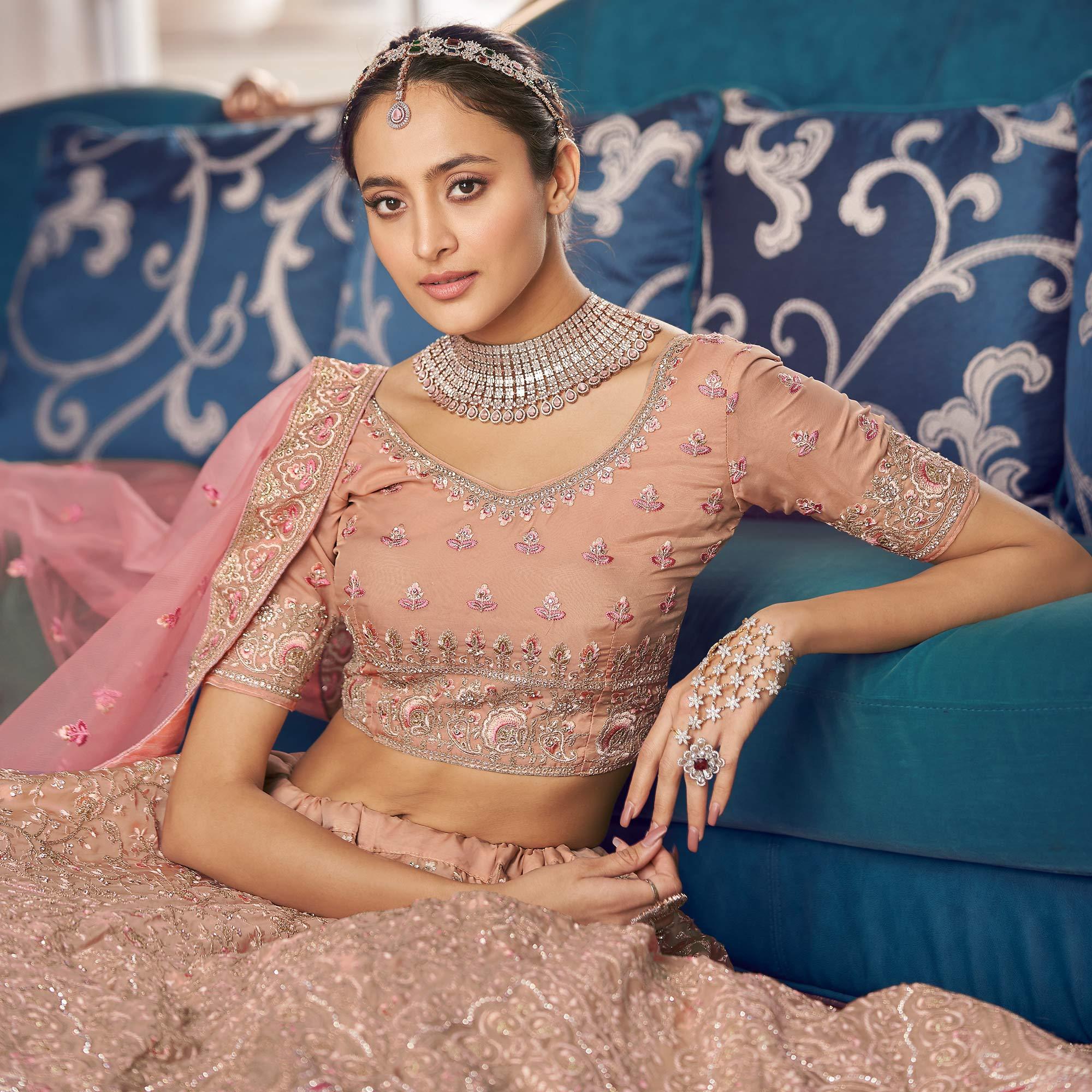 Peach Partywear Embroidered Organza Lehenga Choli - Peachmode