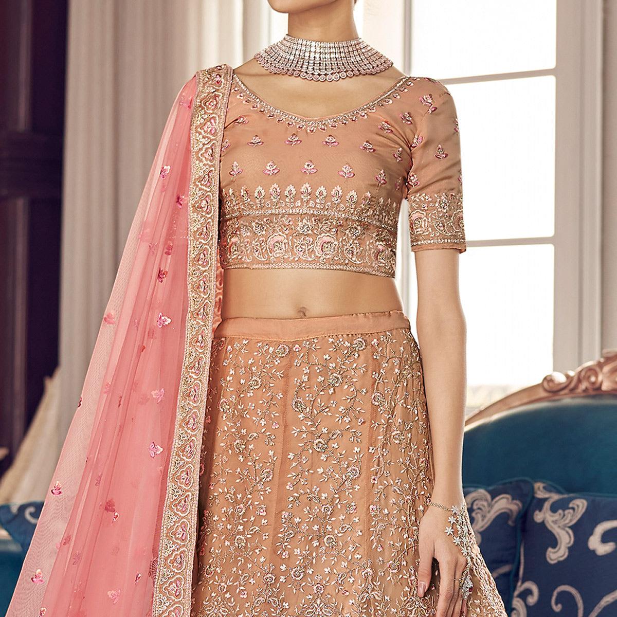 Peach Partywear Embroidered Organza Lehenga Choli - Peachmode