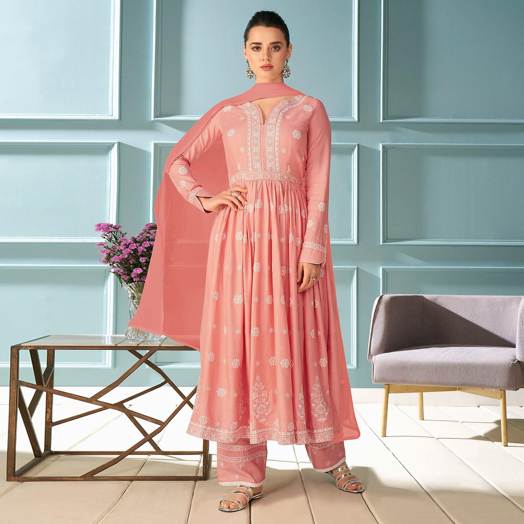 Peach Partywear Embroidered Rayon Kurti - Palazzo Set With Dupatta - Peachmode