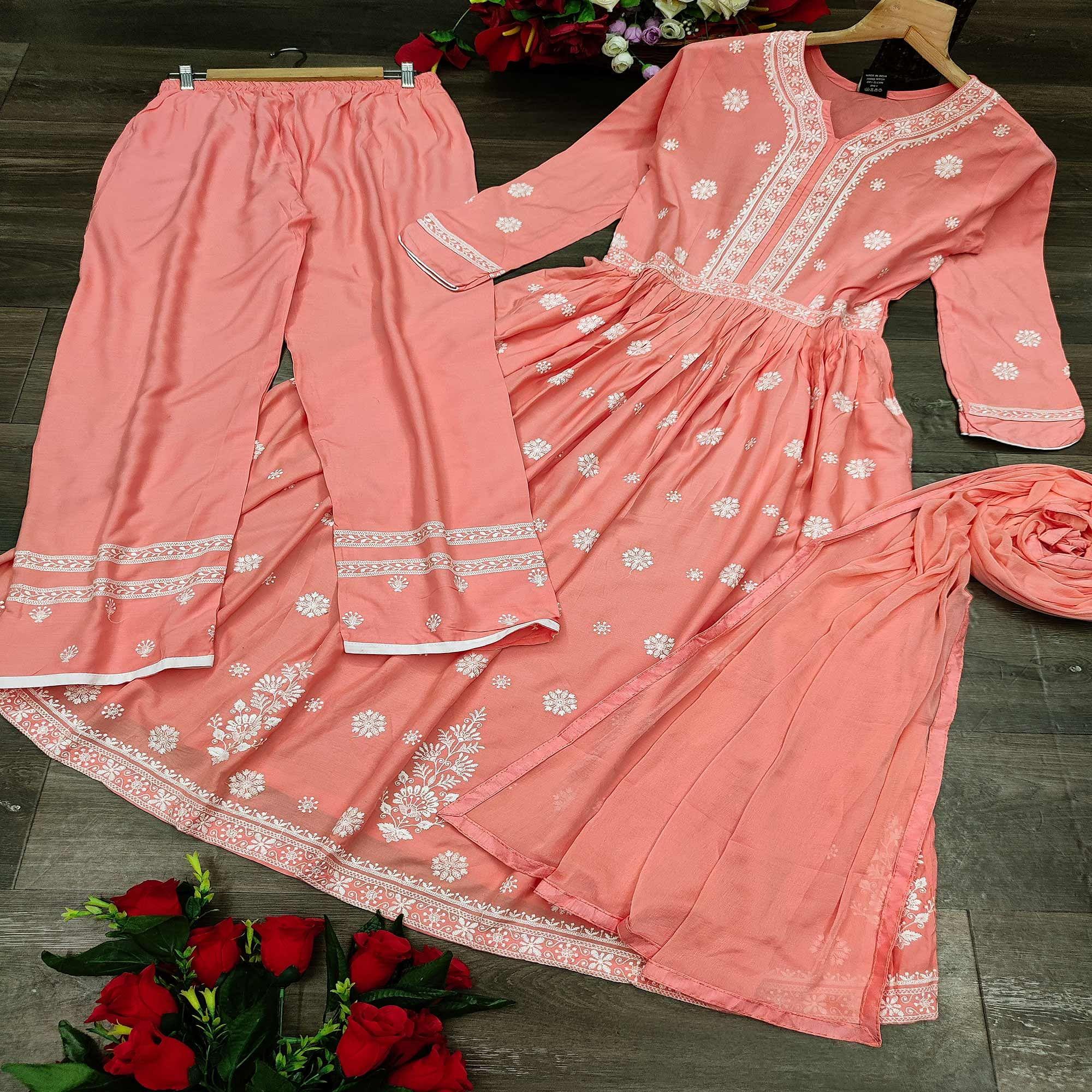 Peach Partywear Embroidered Rayon Kurti - Palazzo Set With Dupatta - Peachmode