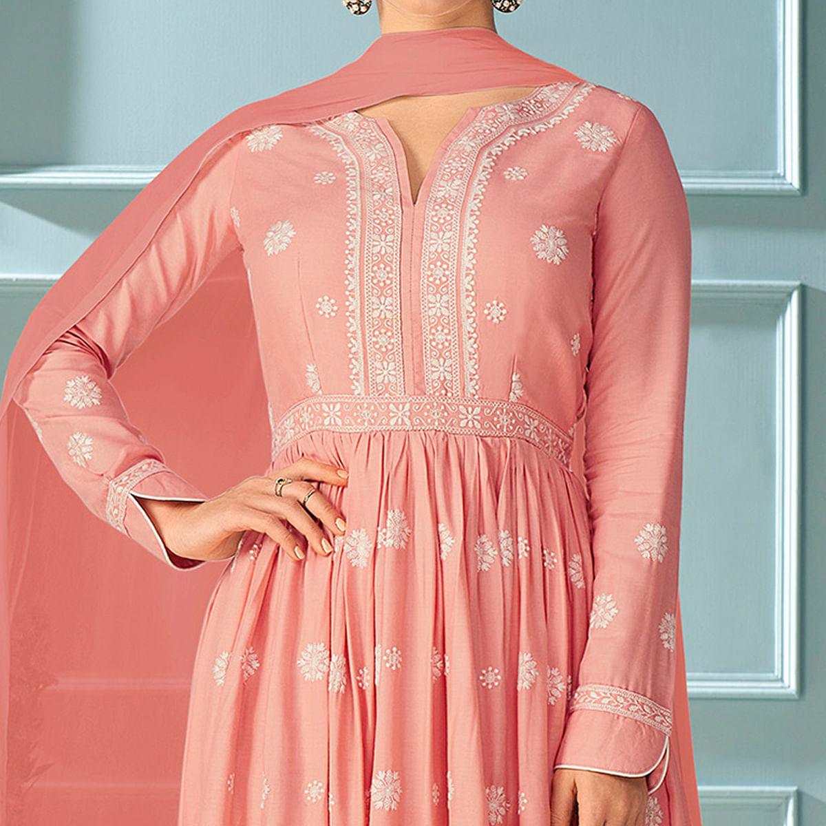 Peach Partywear Embroidered Rayon Kurti - Palazzo Set With Dupatta - Peachmode