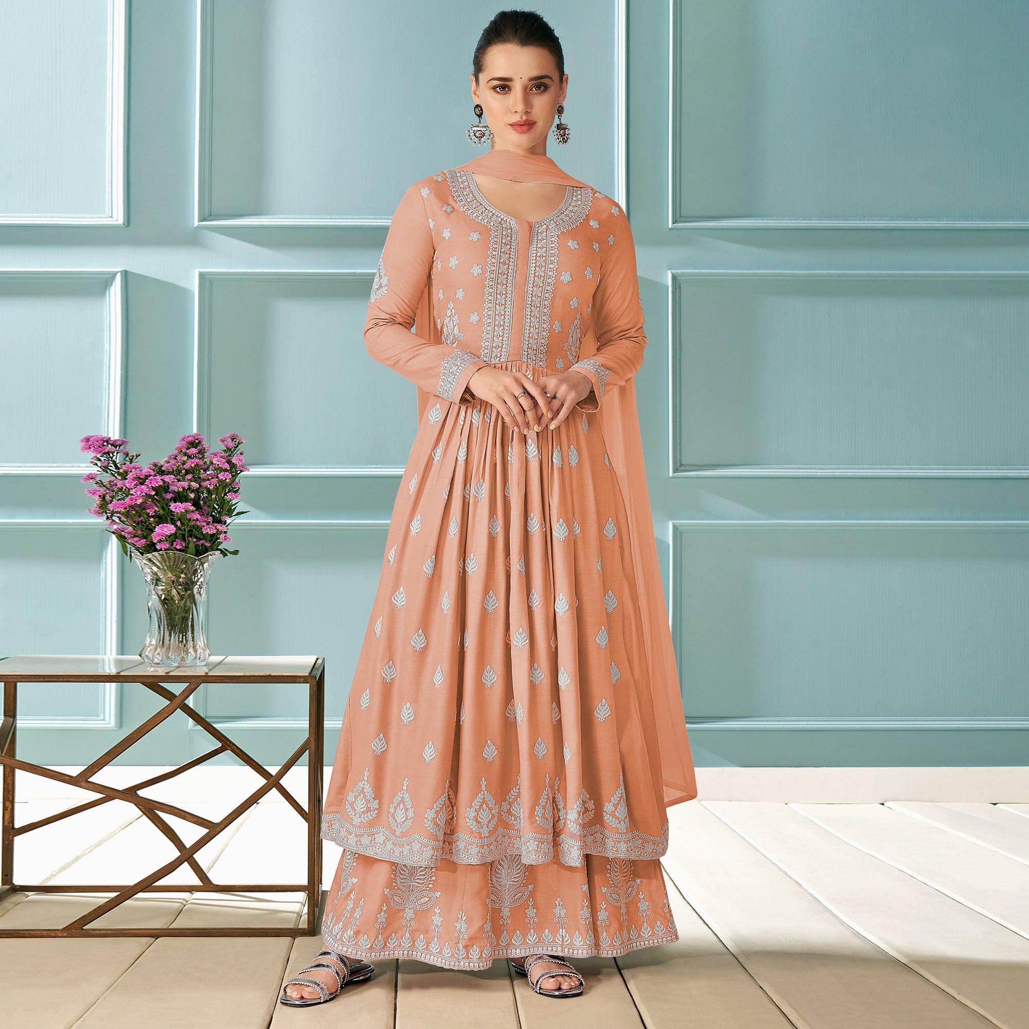 Peach Partywear Embroidered Rayon Palazzo Suit - Peachmode
