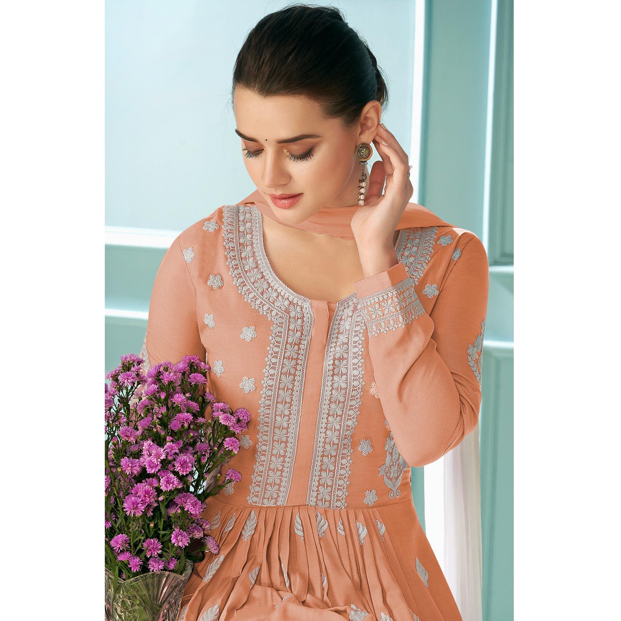 Peach Partywear Embroidered Rayon Palazzo Suit - Peachmode