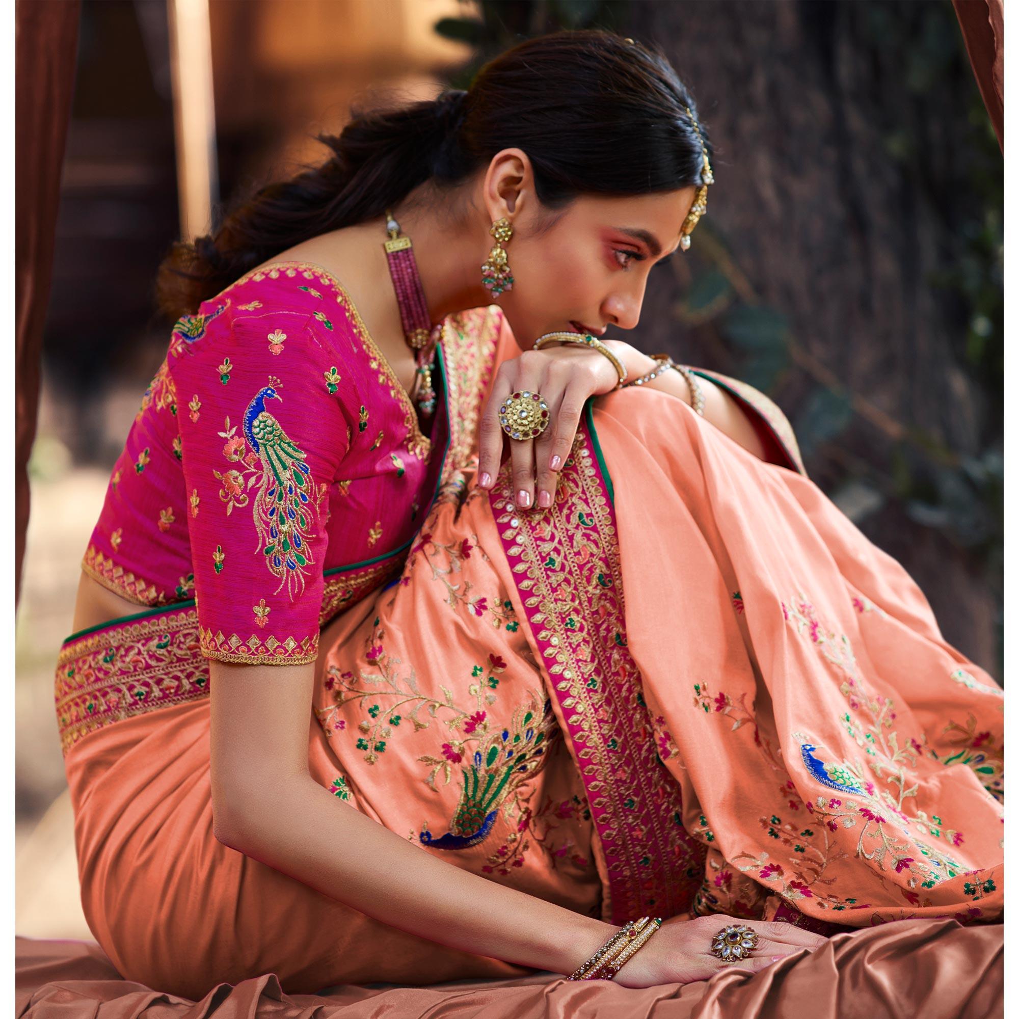 Peach Partywear Embroidered Silk Saree - Peachmode