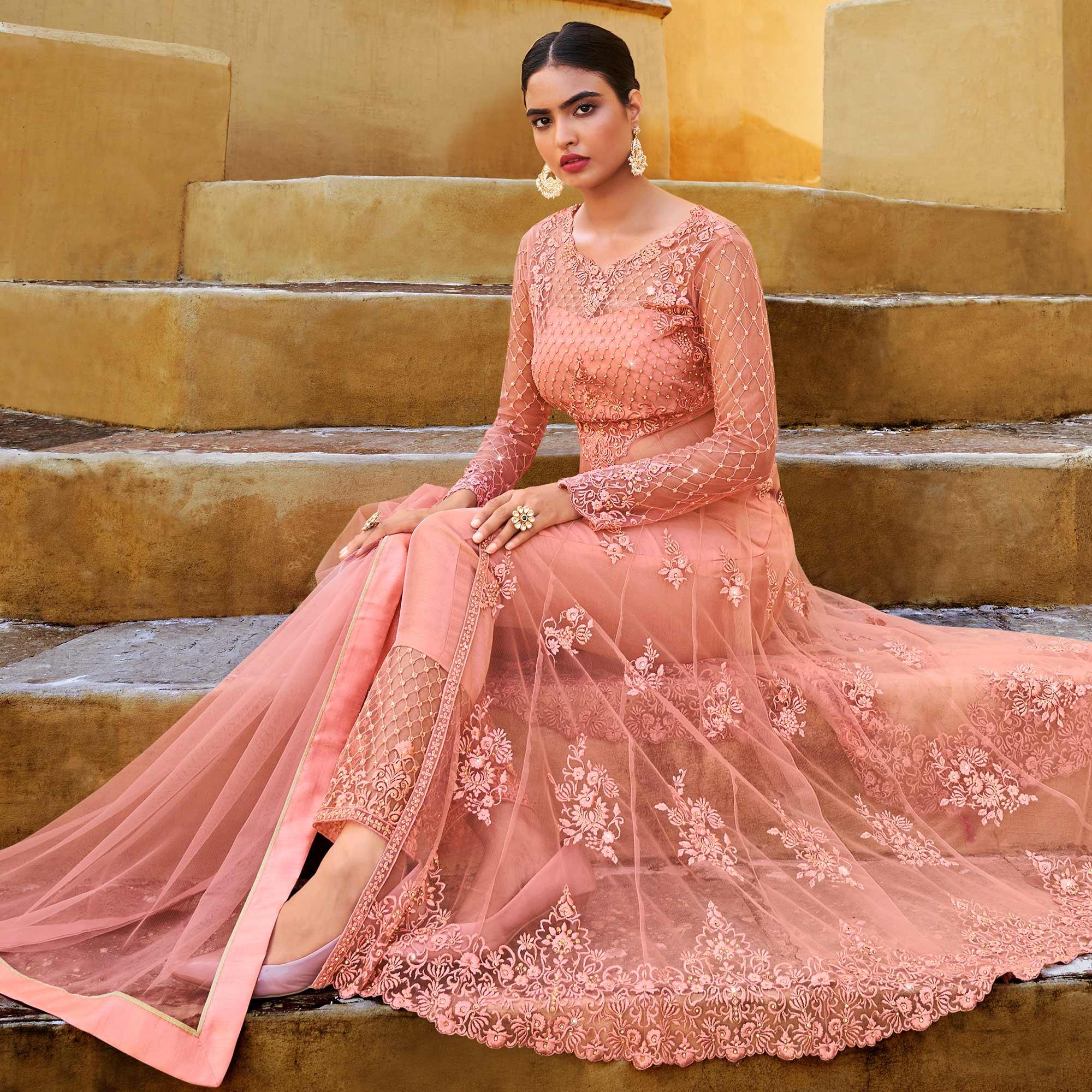 Peach Partywear Embroidered with Swarovski Soft Net Suit - Peachmode