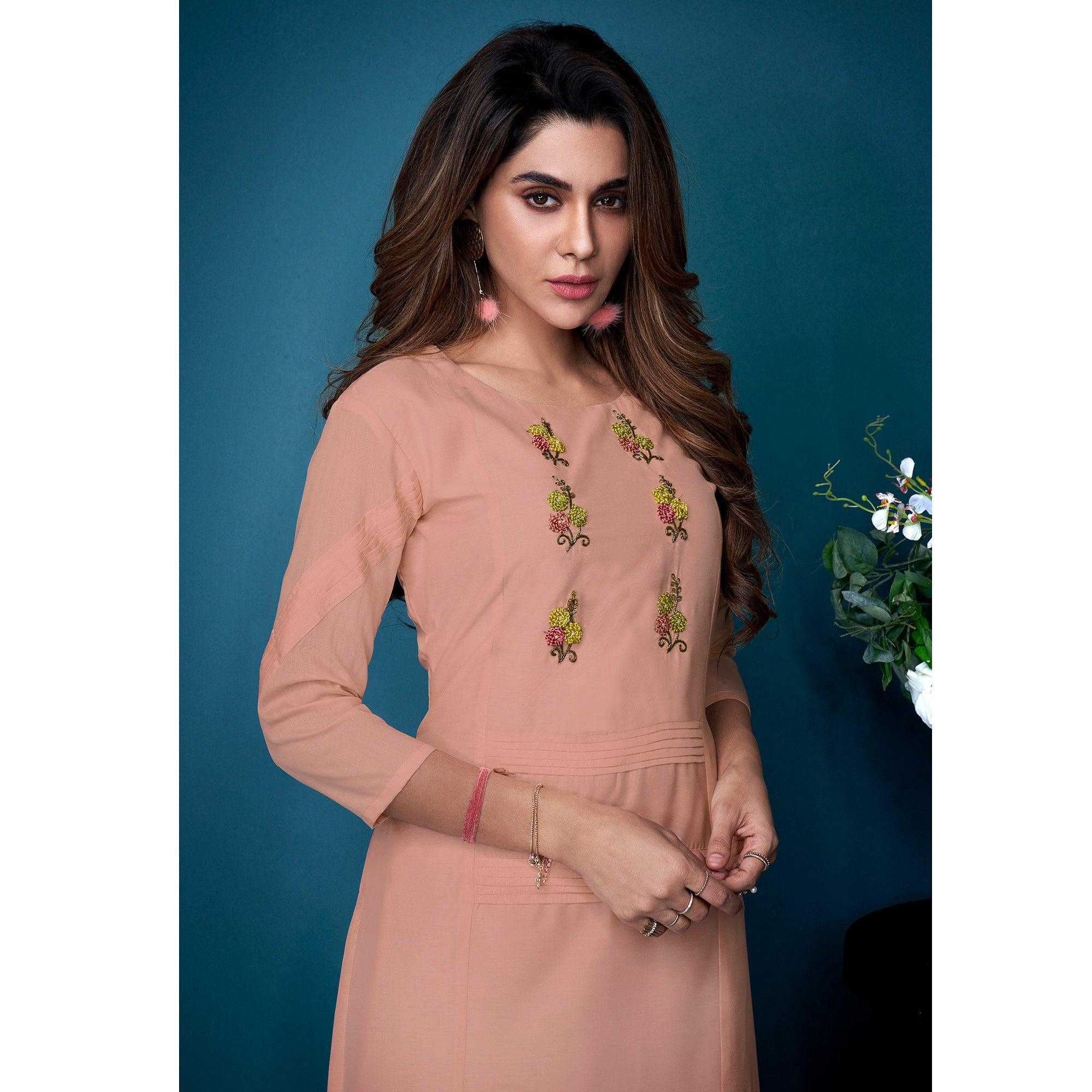 Peach Partywear Floral Embroidered Handwork Silk Kurti Palazzo Set - Peachmode