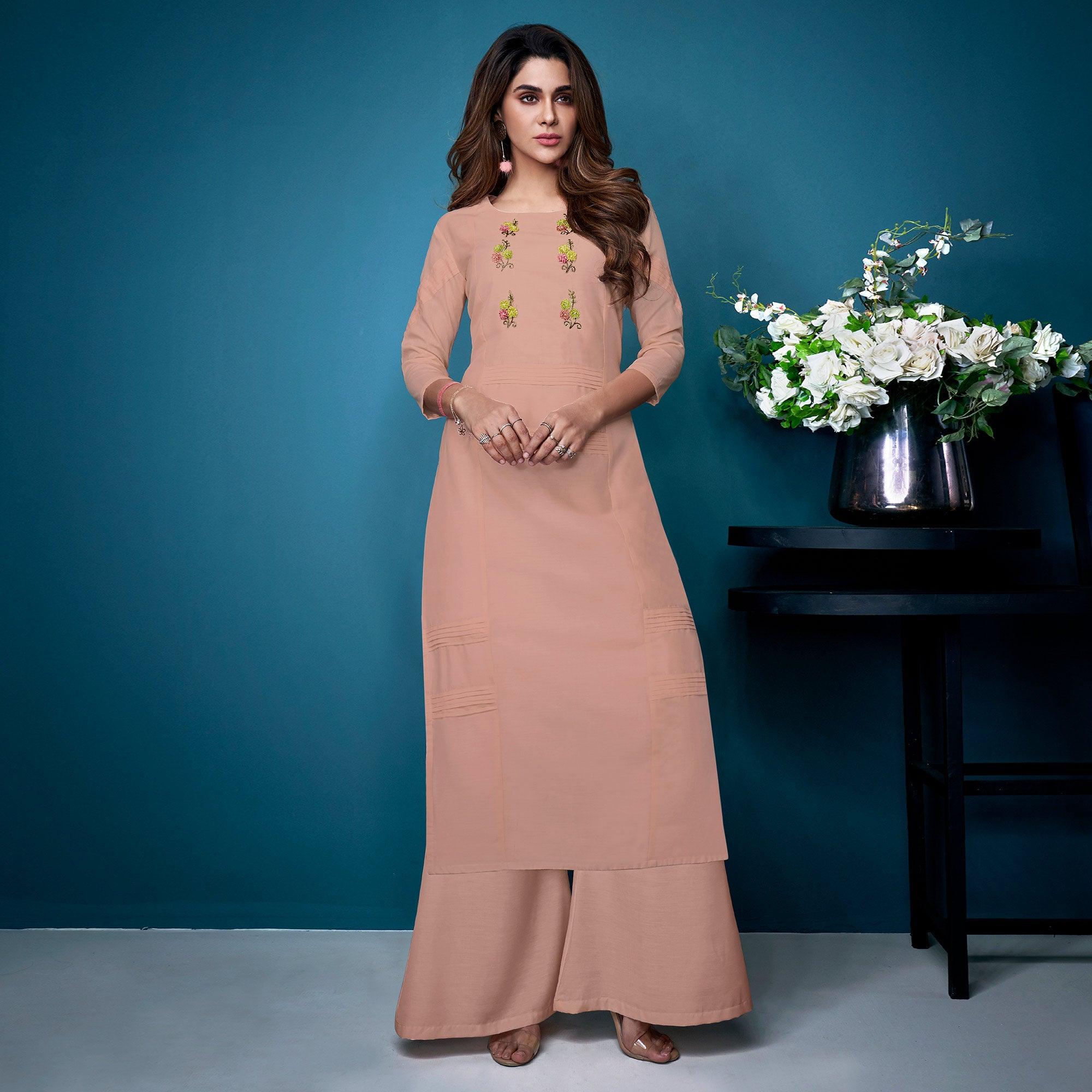 Peach Partywear Floral Embroidered Handwork Silk Kurti Palazzo Set - Peachmode