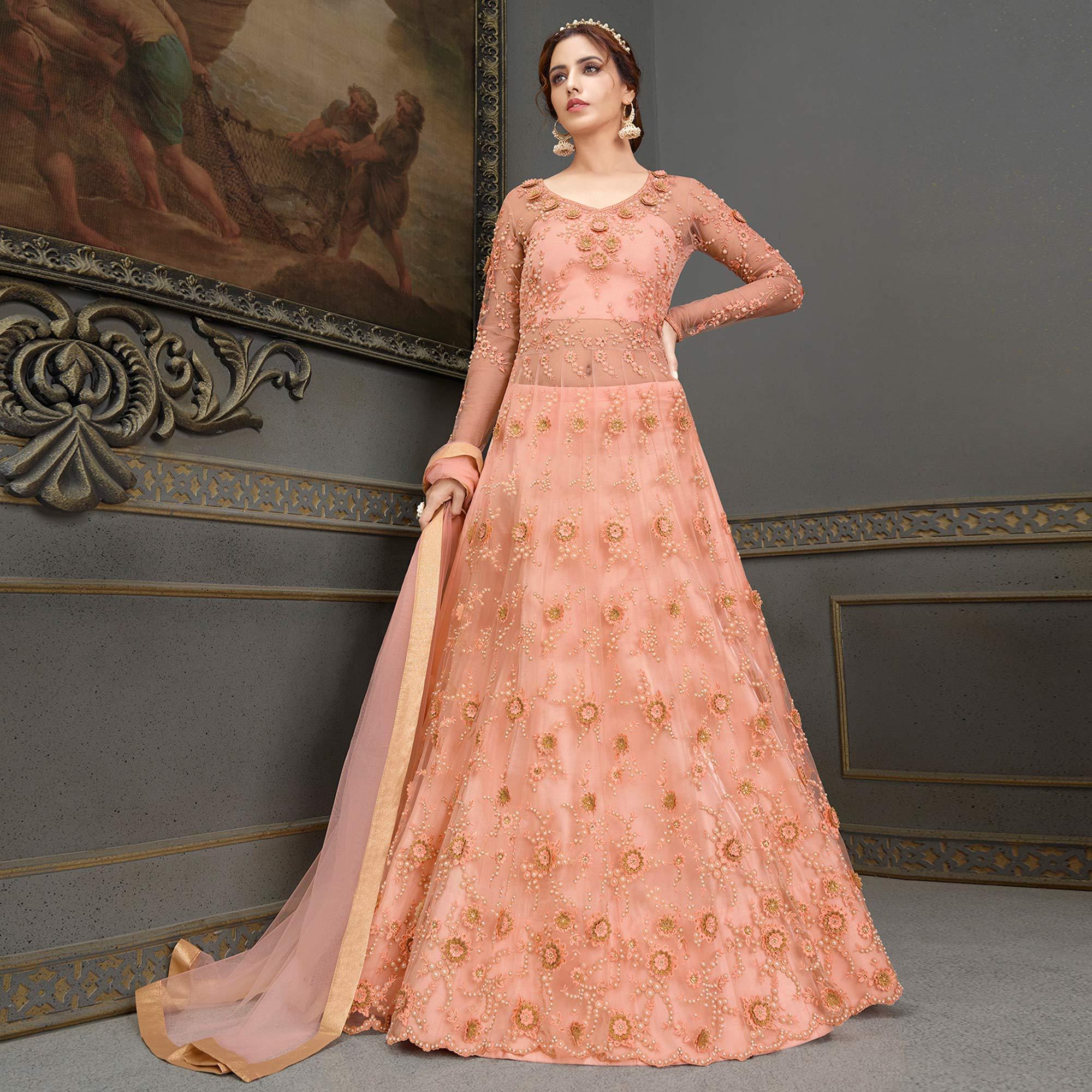 Peach Partywear Floral Embroidered Handwork Soft Net Gown - Peachmode