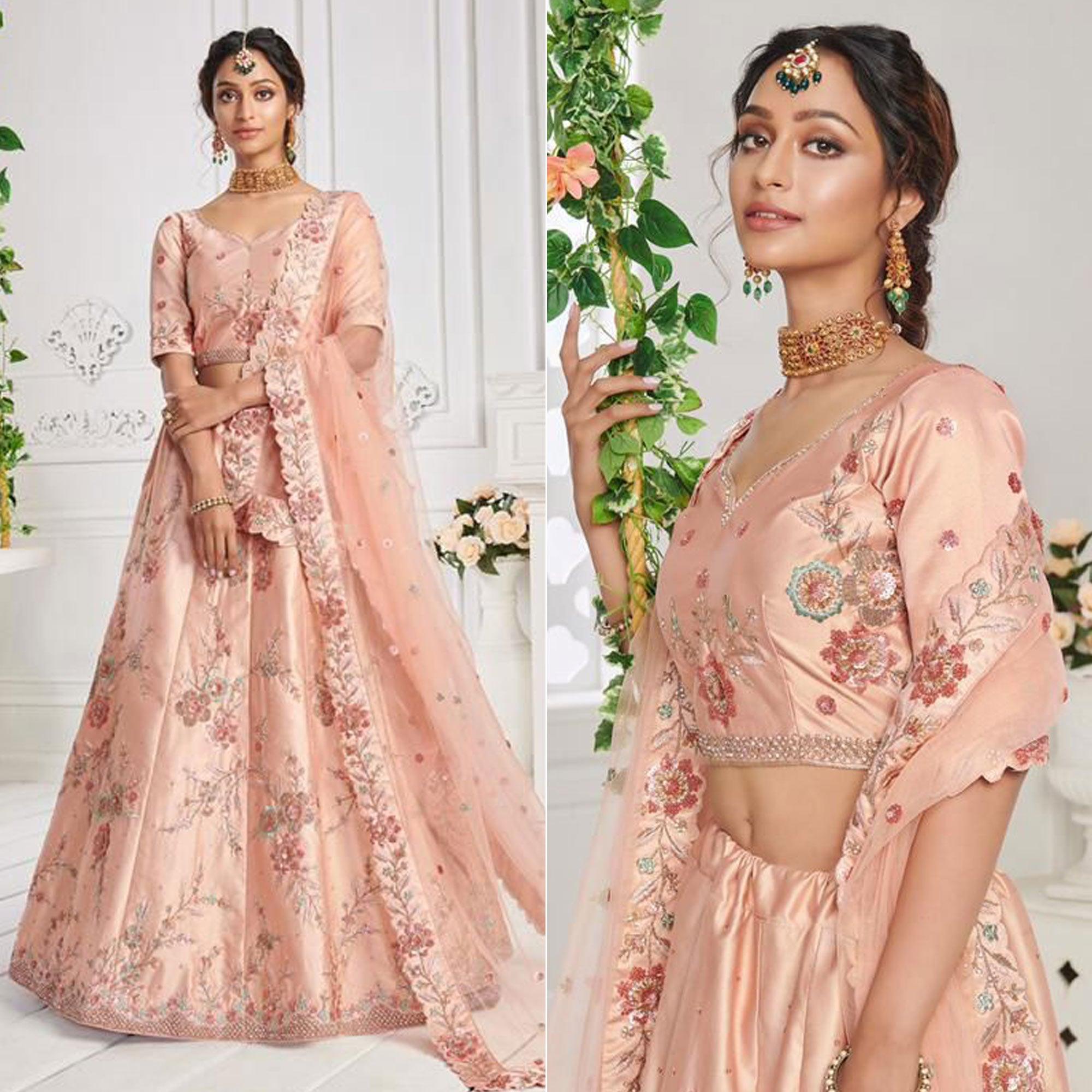 Peach Partywear Floral Embroidered Silk Lehenga Choli - Peachmode