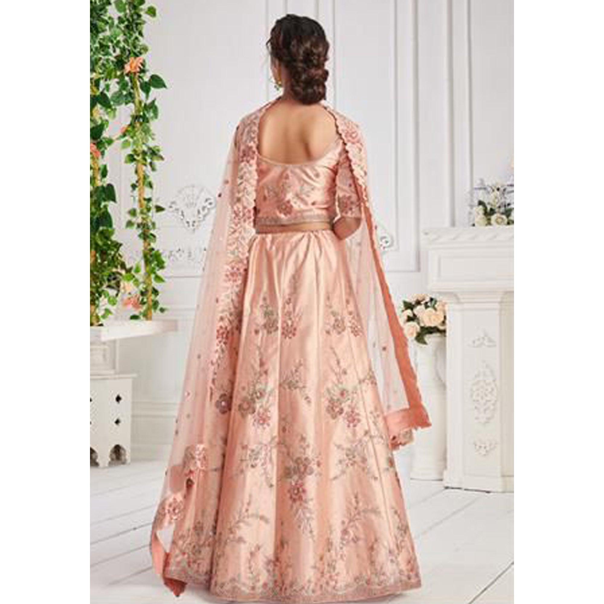 Peach Partywear Floral Embroidered Silk Lehenga Choli - Peachmode