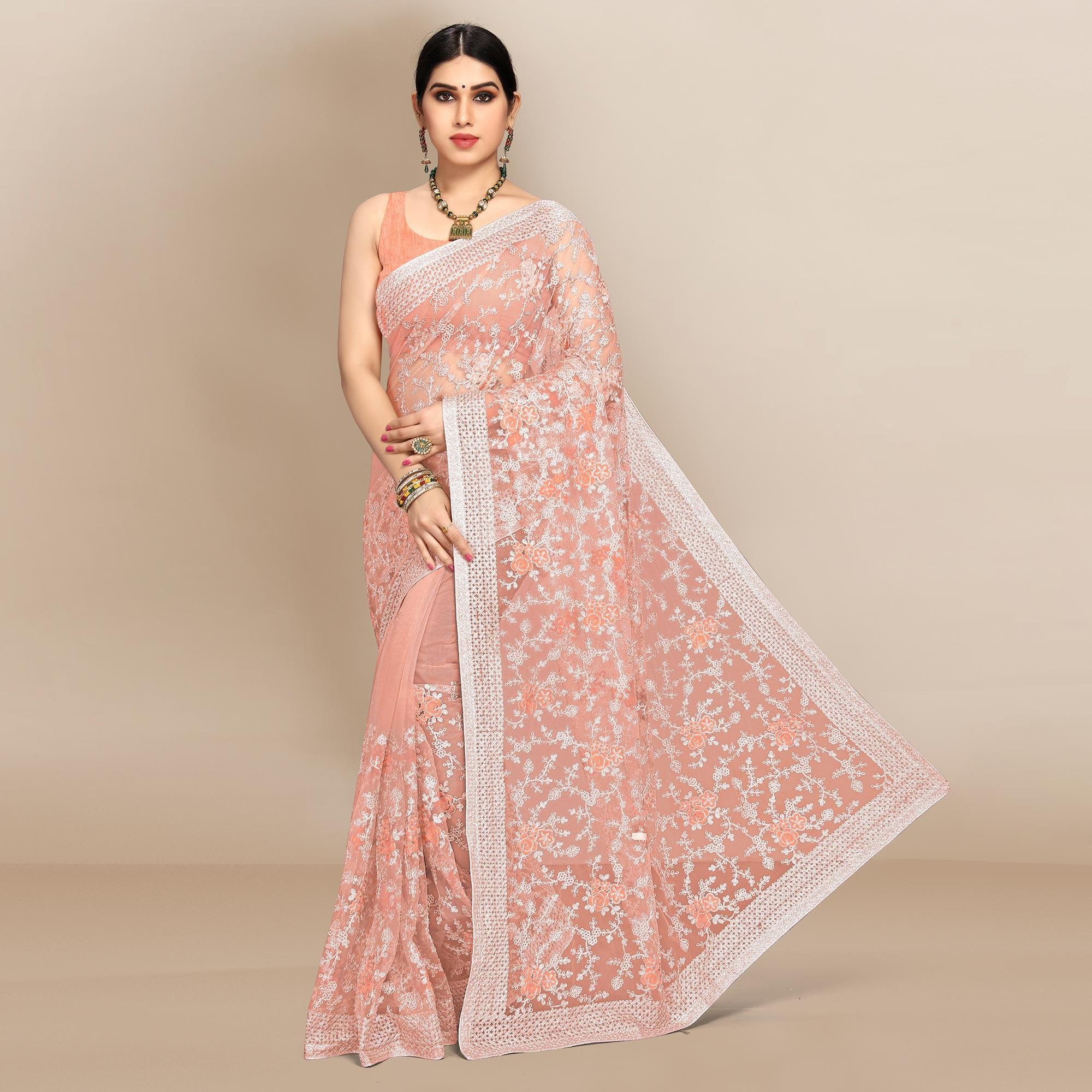 Peach Partywear Floral Embroidered Soft Net Saree - Peachmode