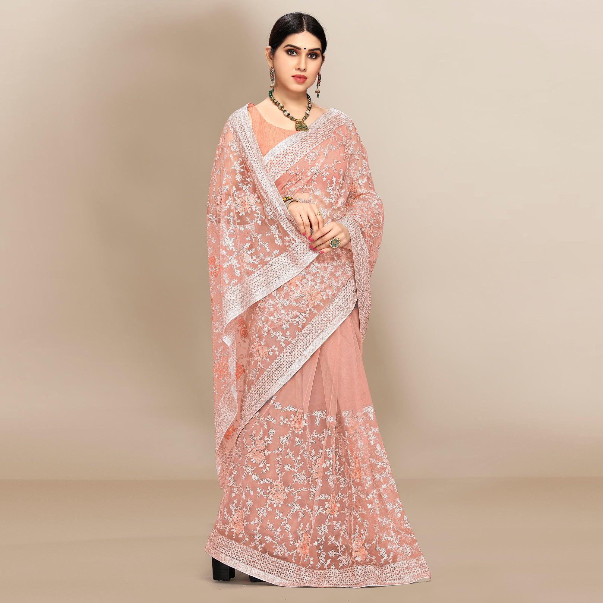 Peach Partywear Floral Embroidered Soft Net Saree - Peachmode