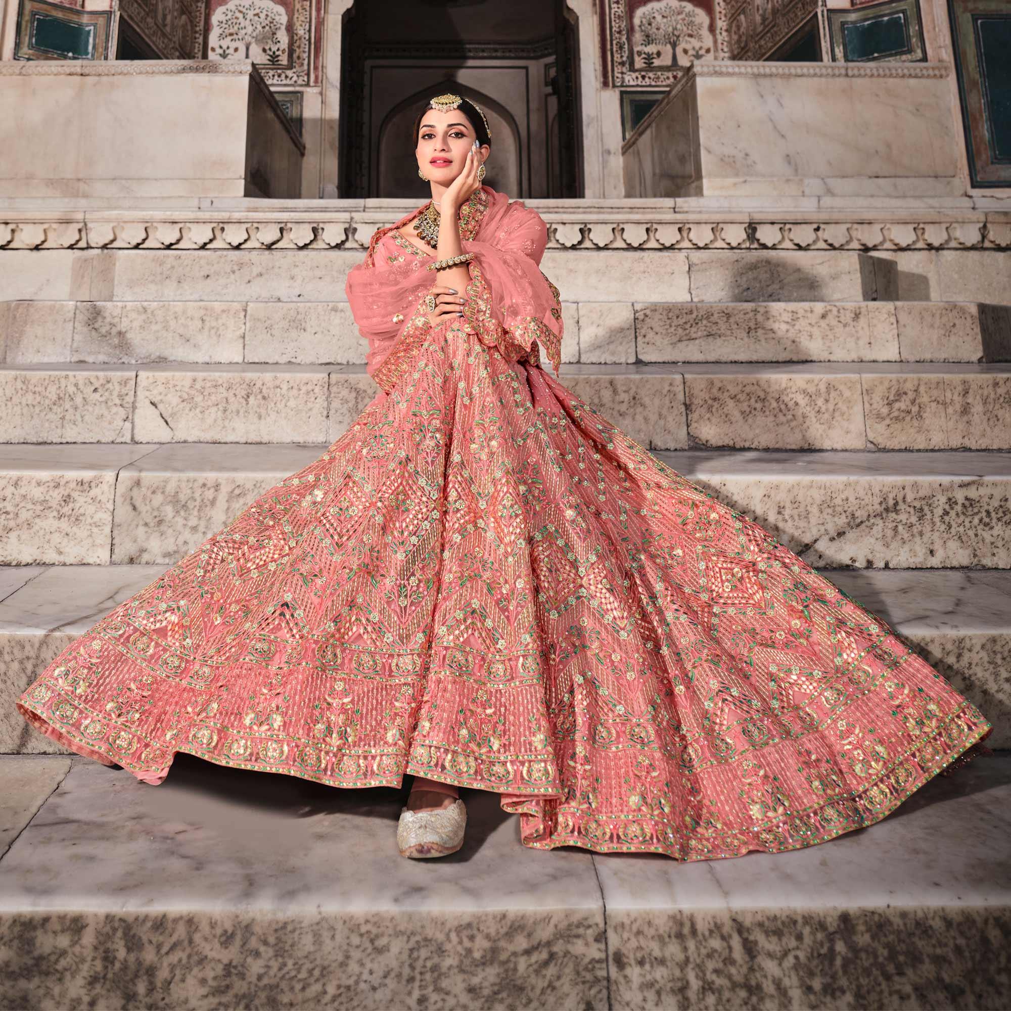 Peach Partywear Floral Embroidered With Foil Work Net Lehenga Choli - Peachmode
