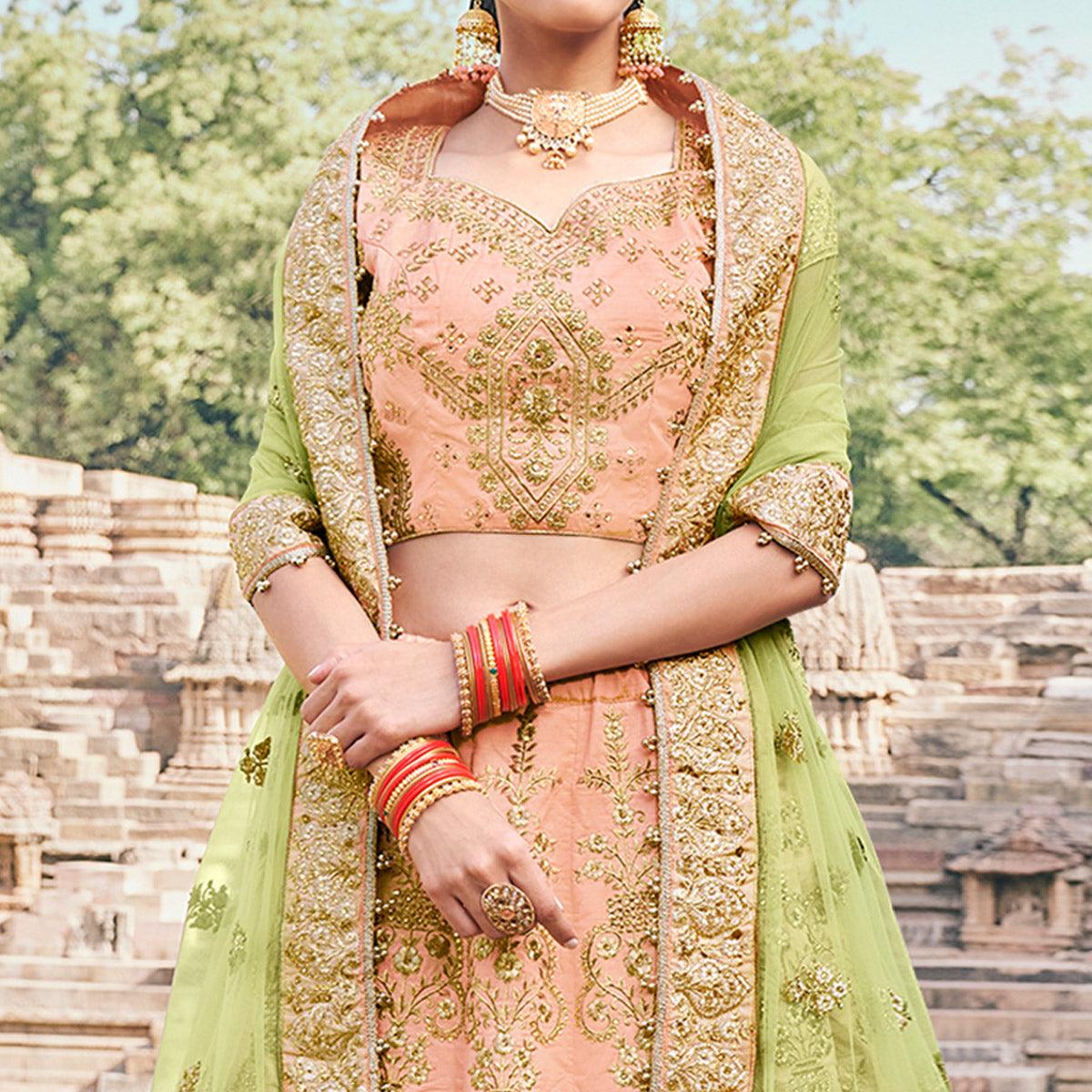 Peach Partywear Floral Embroidery With Zari & Diamond Handloom Silk Lehenga Choli - Peachmode