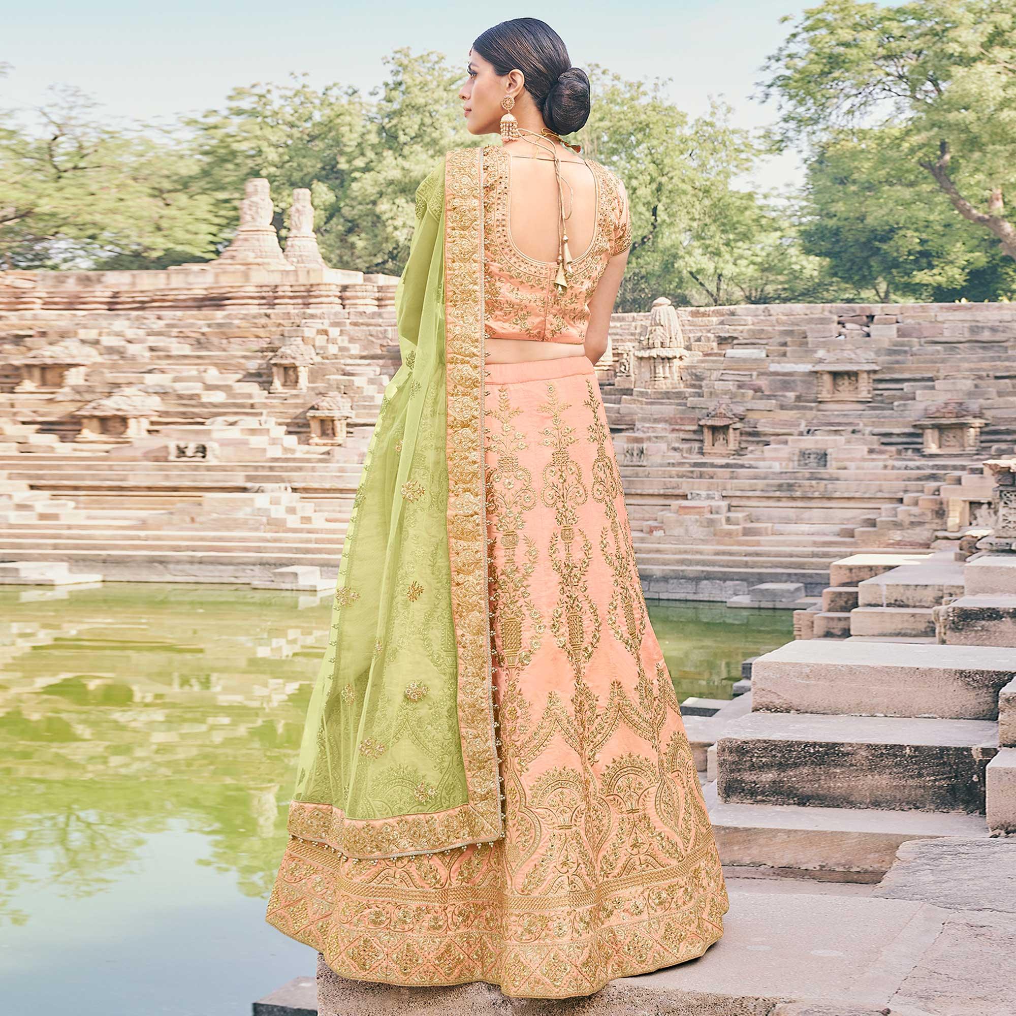 Peach Partywear Floral Embroidery With Zari & Diamond Handloom Silk Lehenga Choli - Peachmode