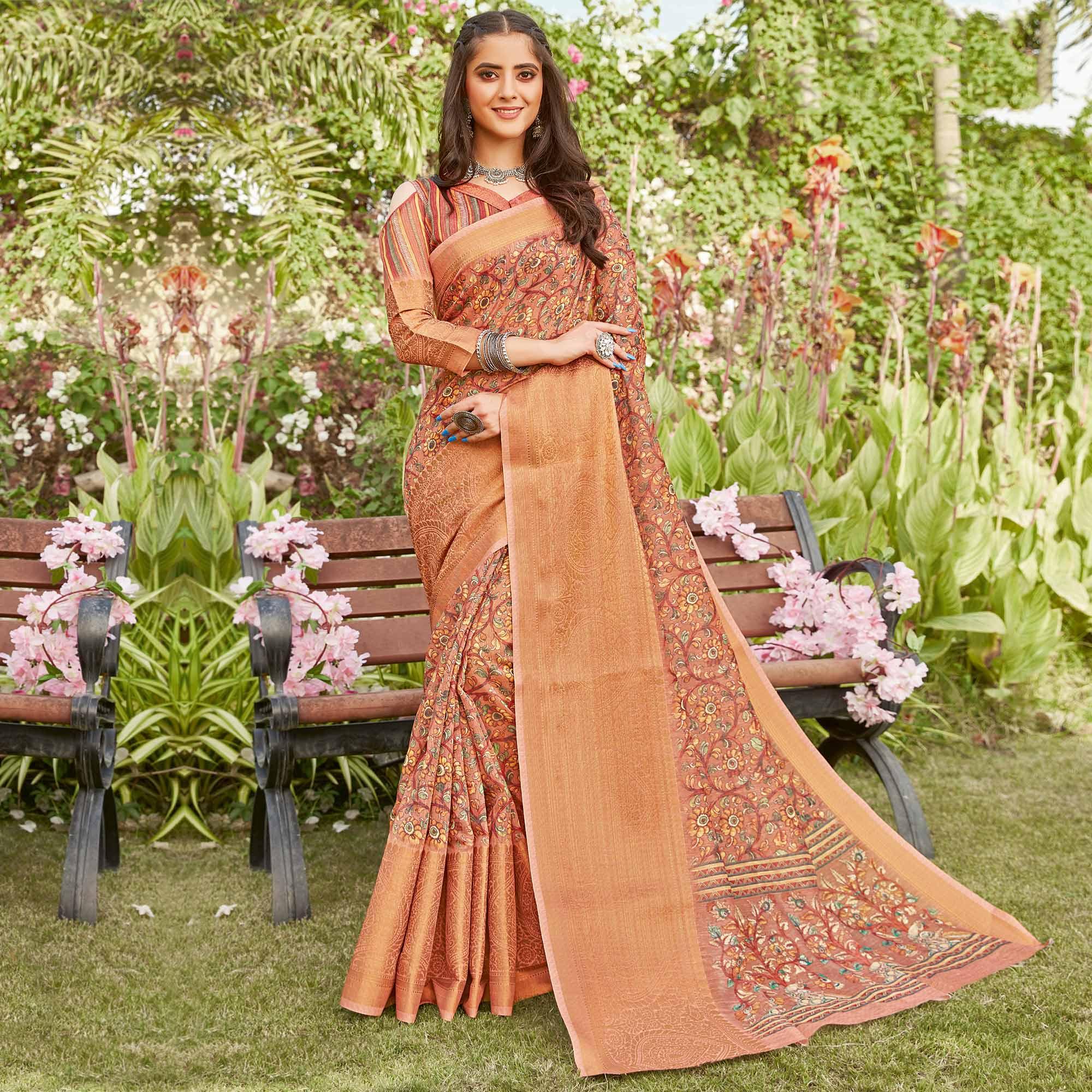 Peach Partywear Floral Printed Linen Saree - Peachmode