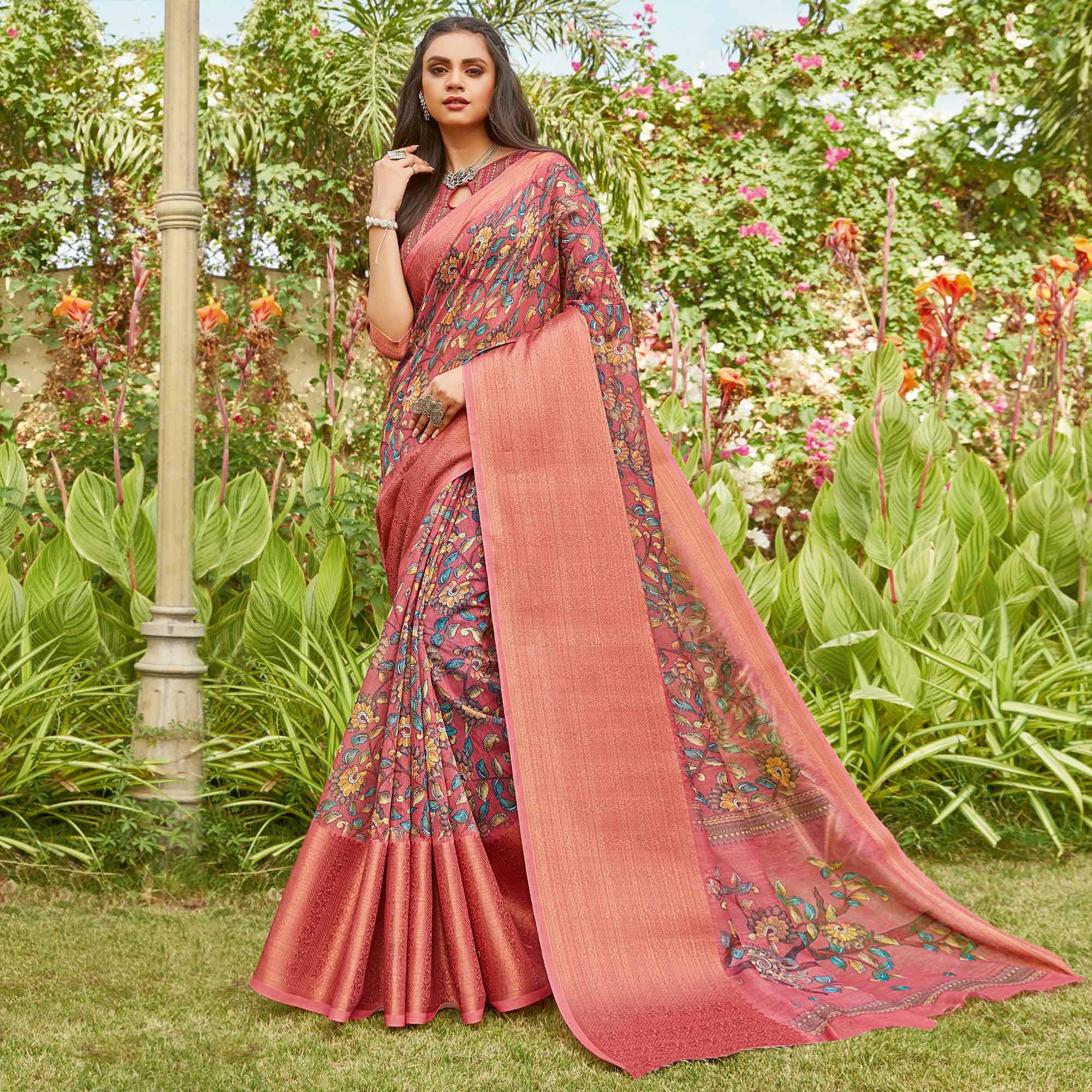 Peach Partywear Floral Printed Linen Saree - Peachmode
