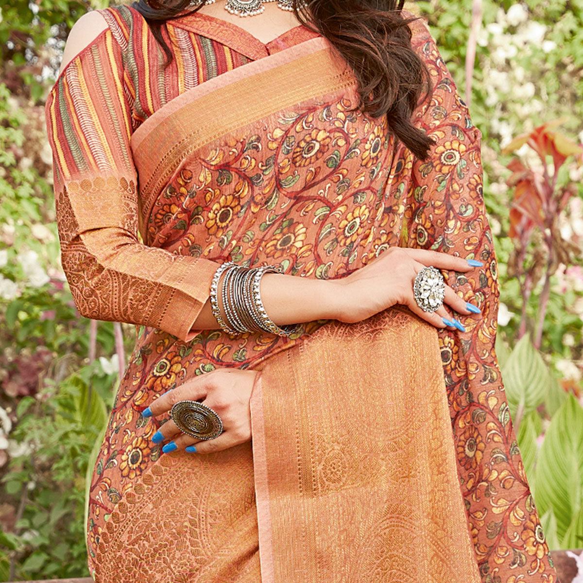 Peach Partywear Floral Printed Linen Saree - Peachmode