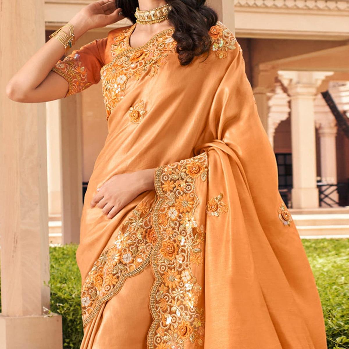 Peach Partywear Foil Print & Embroidered Pure Satin Saree - Peachmode